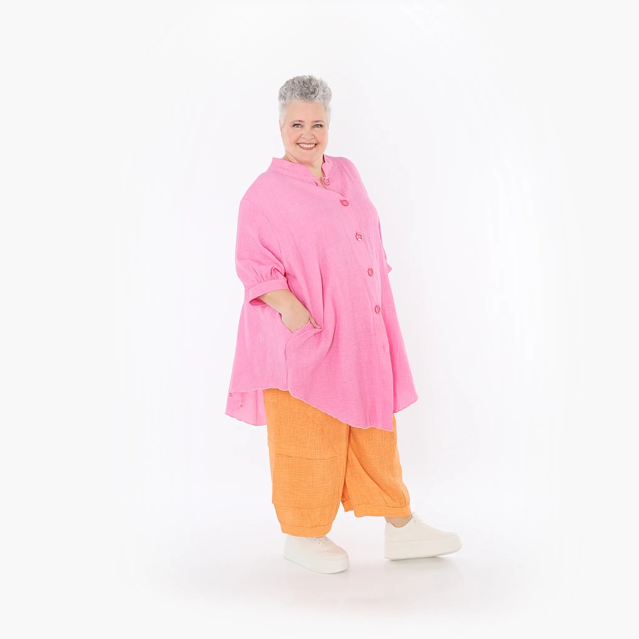  AKH Fashion Bluse in gerundeter Form, aus Baumwolle, 1501.07106, Fuchsia, Ausgefallen