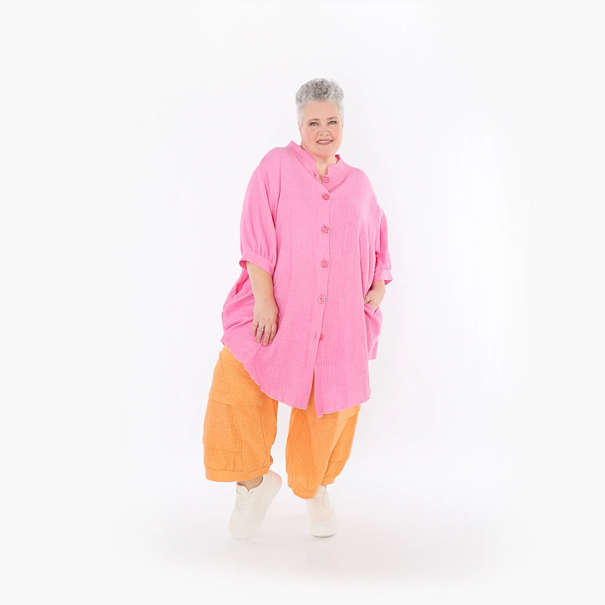  AKH Fashion Bluse in gerundeter Form, aus Baumwolle, 1501.07106, Fuchsia, Ausgefallen
