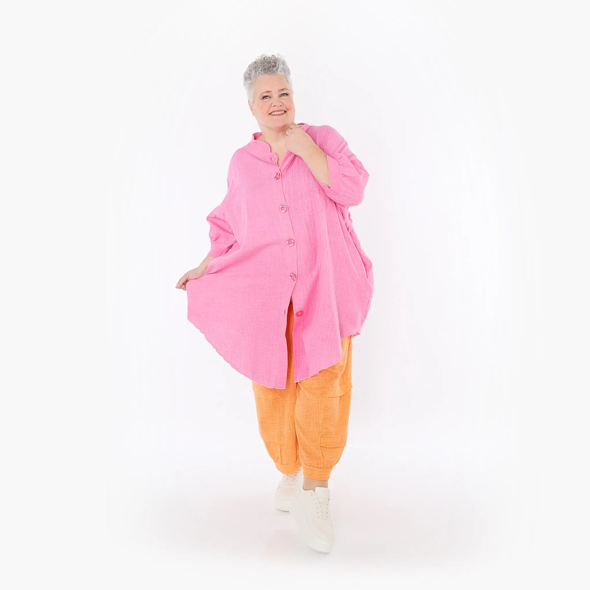  AKH Fashion Bluse in gerundeter Form, aus Baumwolle, 1501.07106, Fuchsia, Ausgefallen
