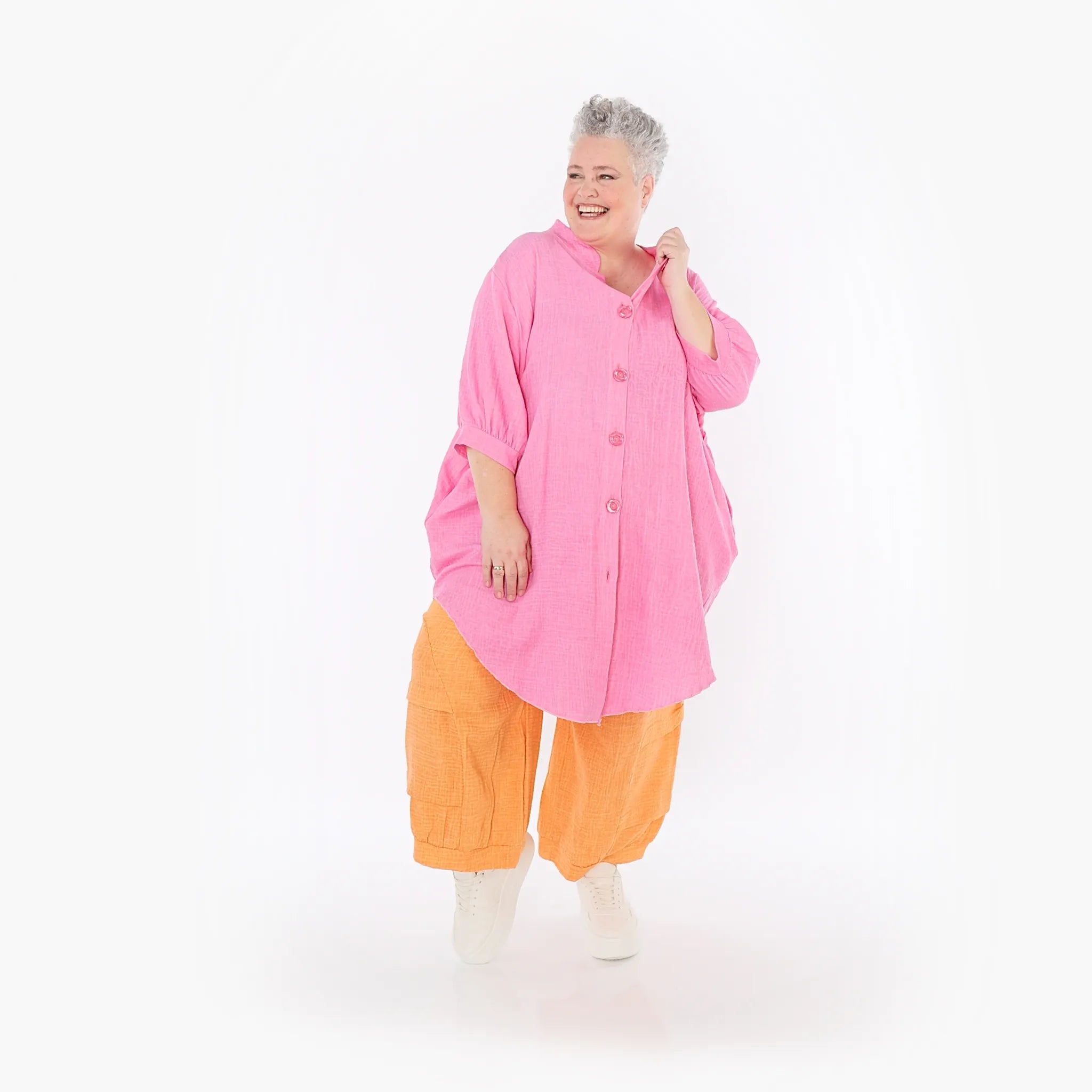  AKH Fashion Bluse in gerundeter Form, aus Baumwolle, 1501.07106, Fuchsia, Ausgefallen