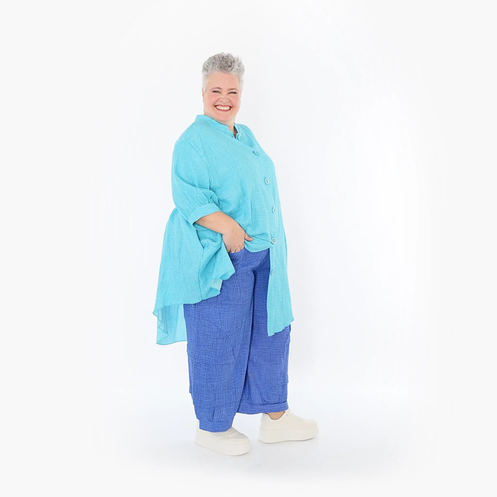  AKH Fashion Bluse in gerundeter Form, aus Baumwolle, 1501.07106, Türkis, Ausgefallen