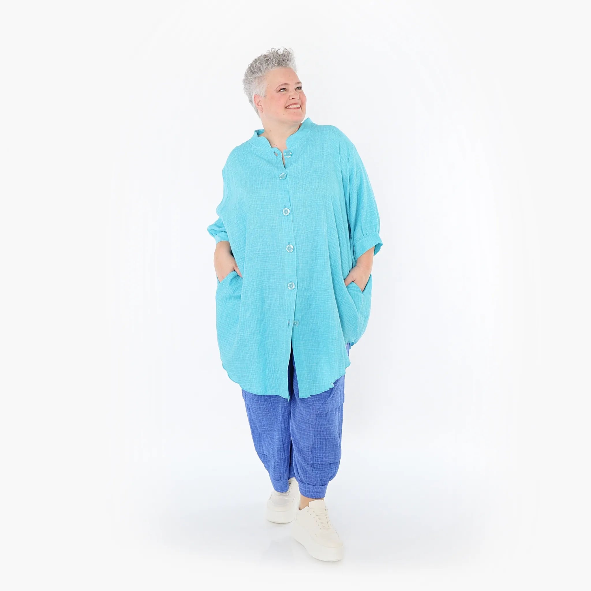  AKH Fashion Bluse in gerundeter Form, aus Baumwolle, 1501.07106, Türkis, Ausgefallen