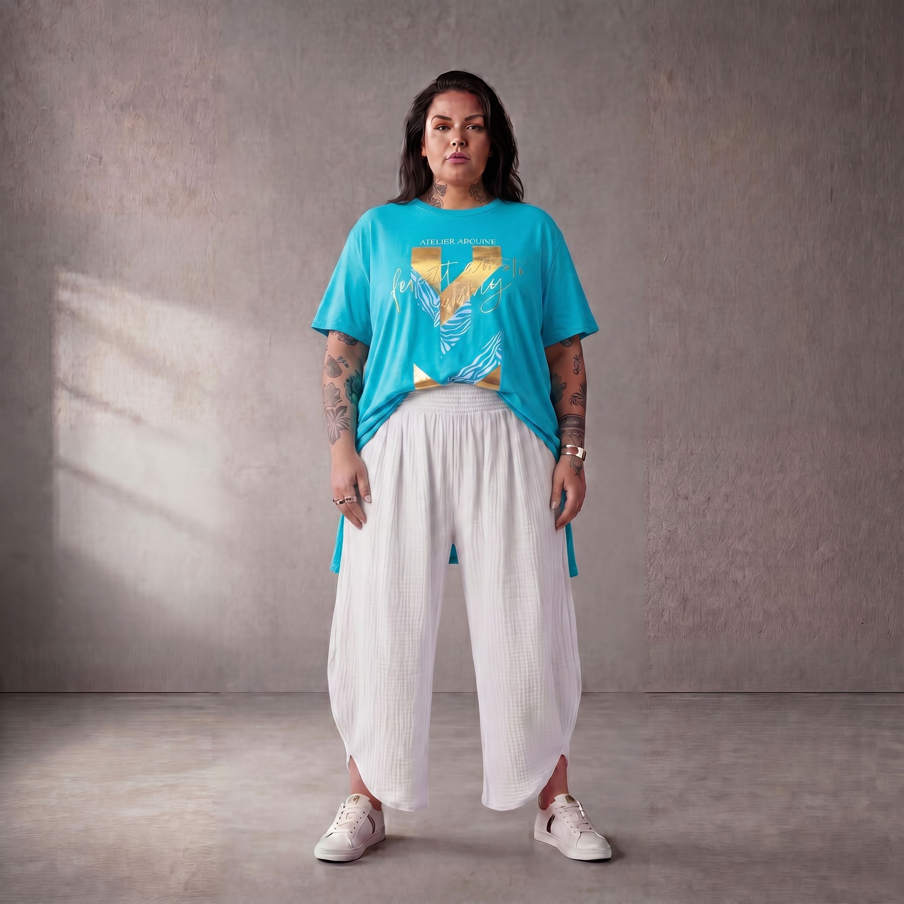 Damen Shirt Lagenlook Baumwolle Türkis, A-Linie, Oversize große Größen – Funky Diva