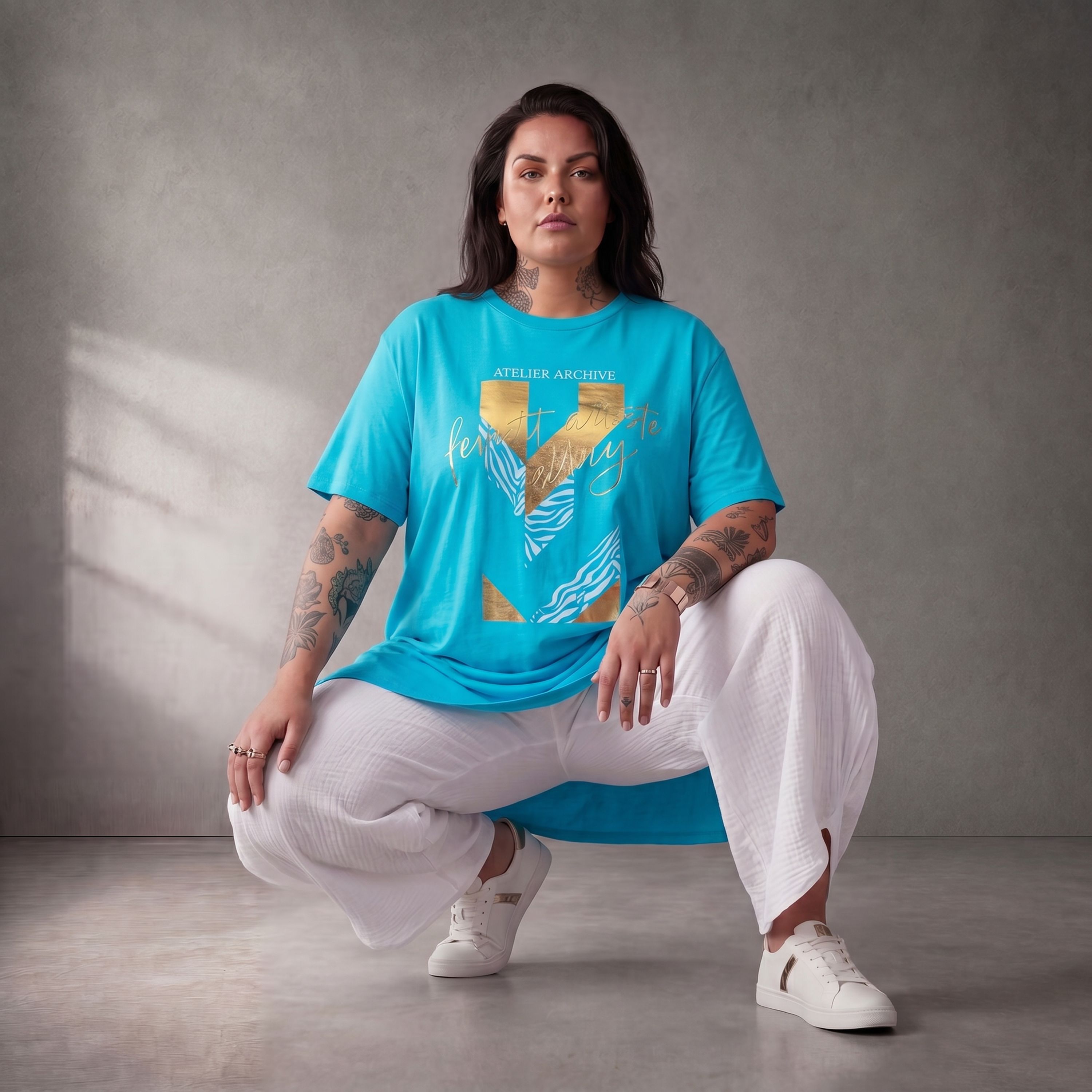 Damen Shirt Lagenlook Baumwolle Türkis, A-Linie, Oversize große Größen – Funky Diva
