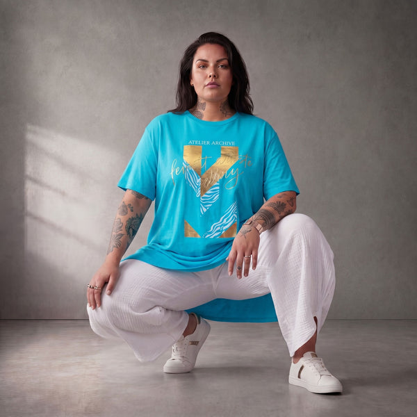 Damen Shirt Lagenlook Baumwolle Türkis, A-Linie, Oversize große Größen – Funky Diva
