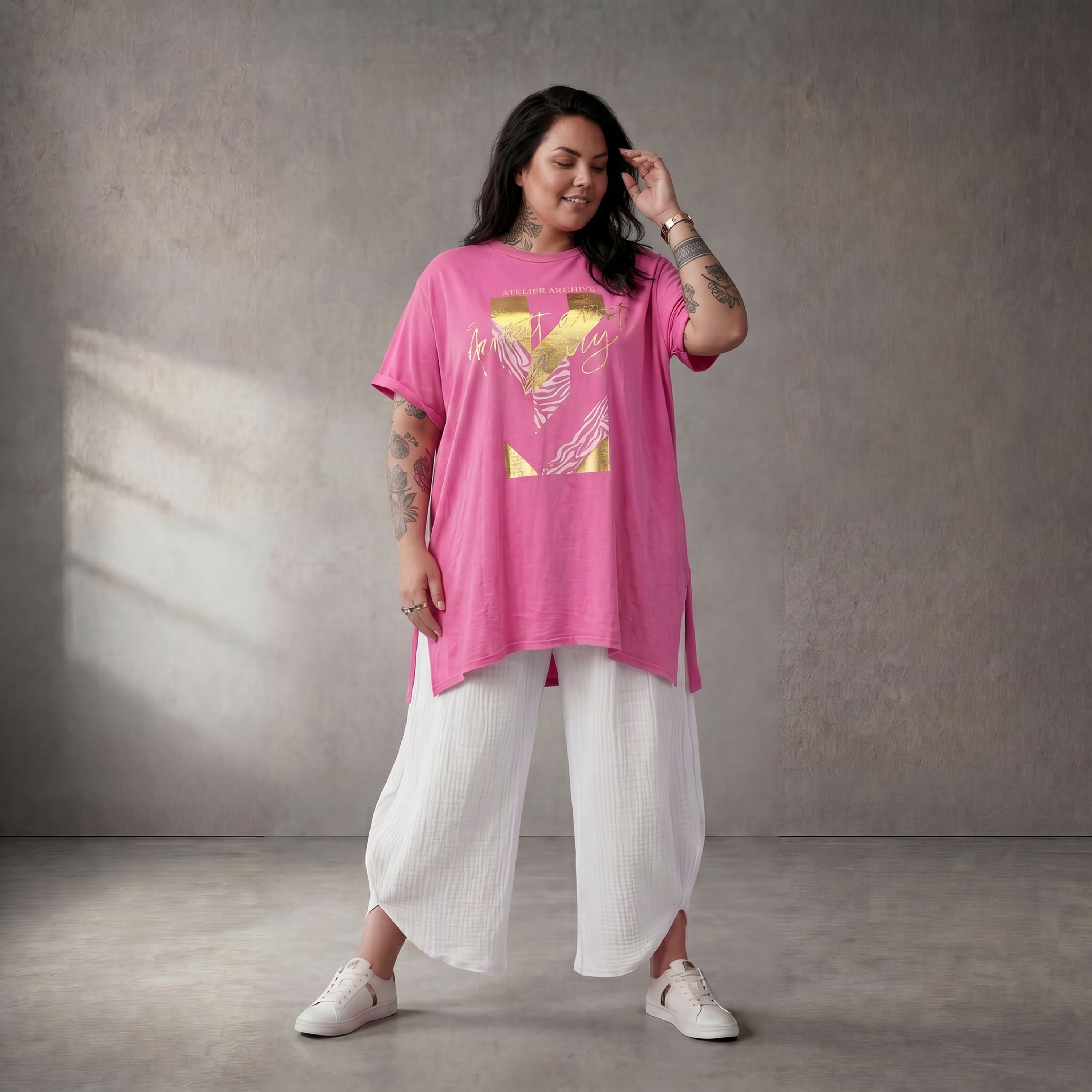 Damen Shirt Lagenlook Baumwolle Fuchsia, A-Linie, Kurzarm, Oversize große Größen – Funky Diva