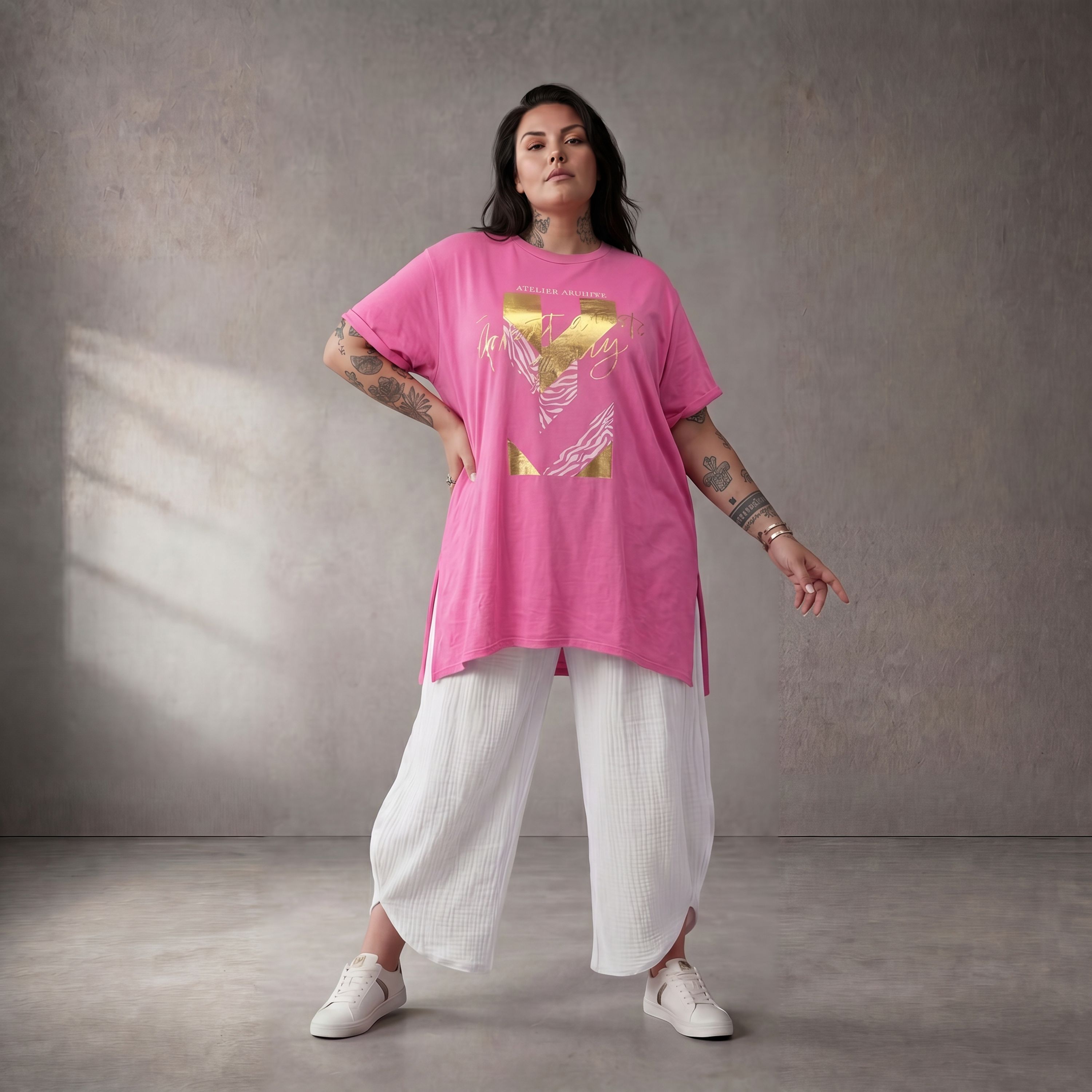 Damen Shirt Lagenlook Baumwolle Fuchsia, A-Linie, Kurzarm, Oversize große Größen – Funky Diva