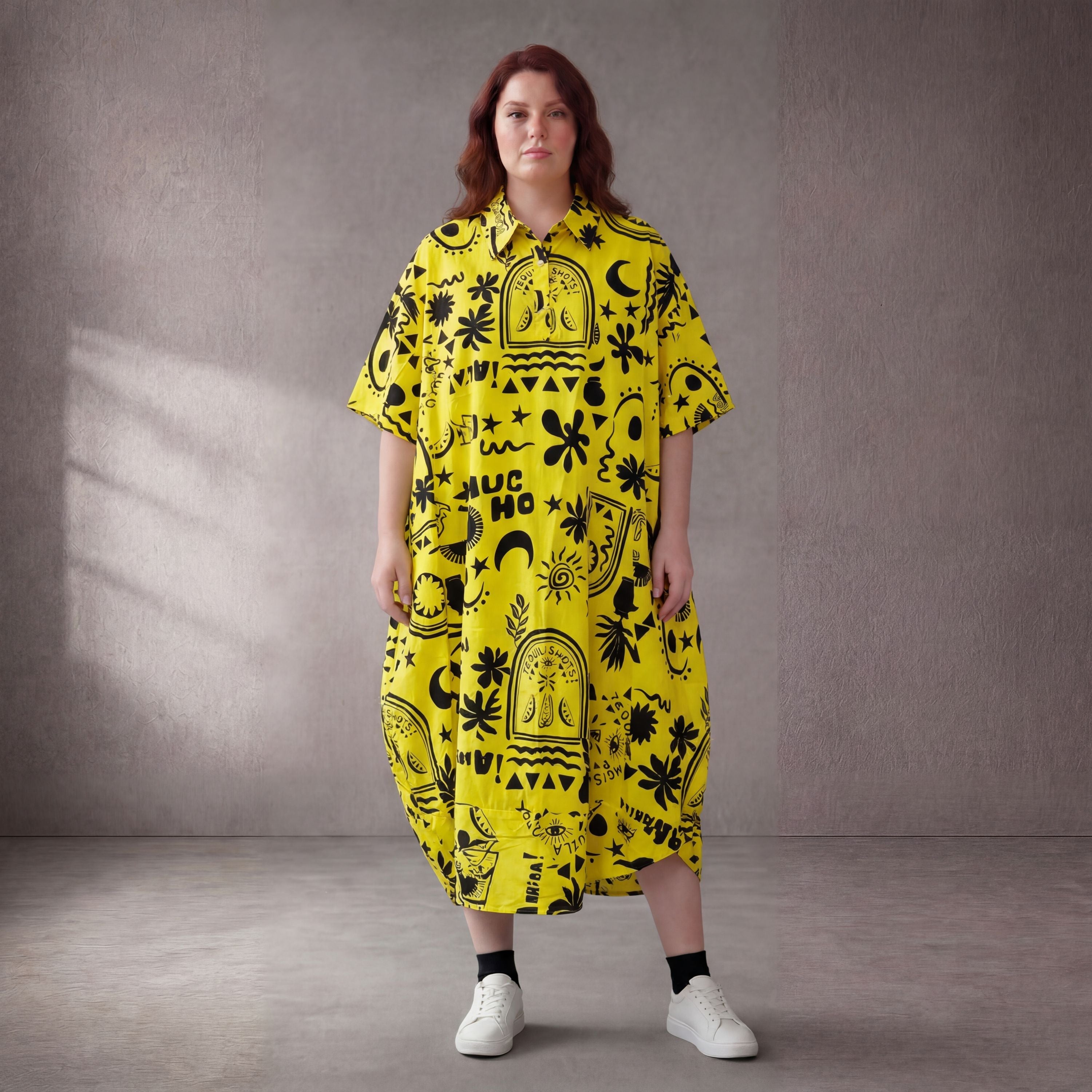 GelbSchwarz Sansibarprint Ballonkleid Baumwolle Oversize Lagenlook leger ausgefallen neu