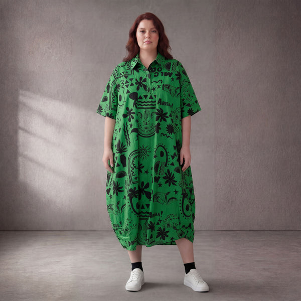 Ausgefallenes Oversize Ballonkleid in GrünSchwarz mit Print leger zeitlos luftig Baumwolle