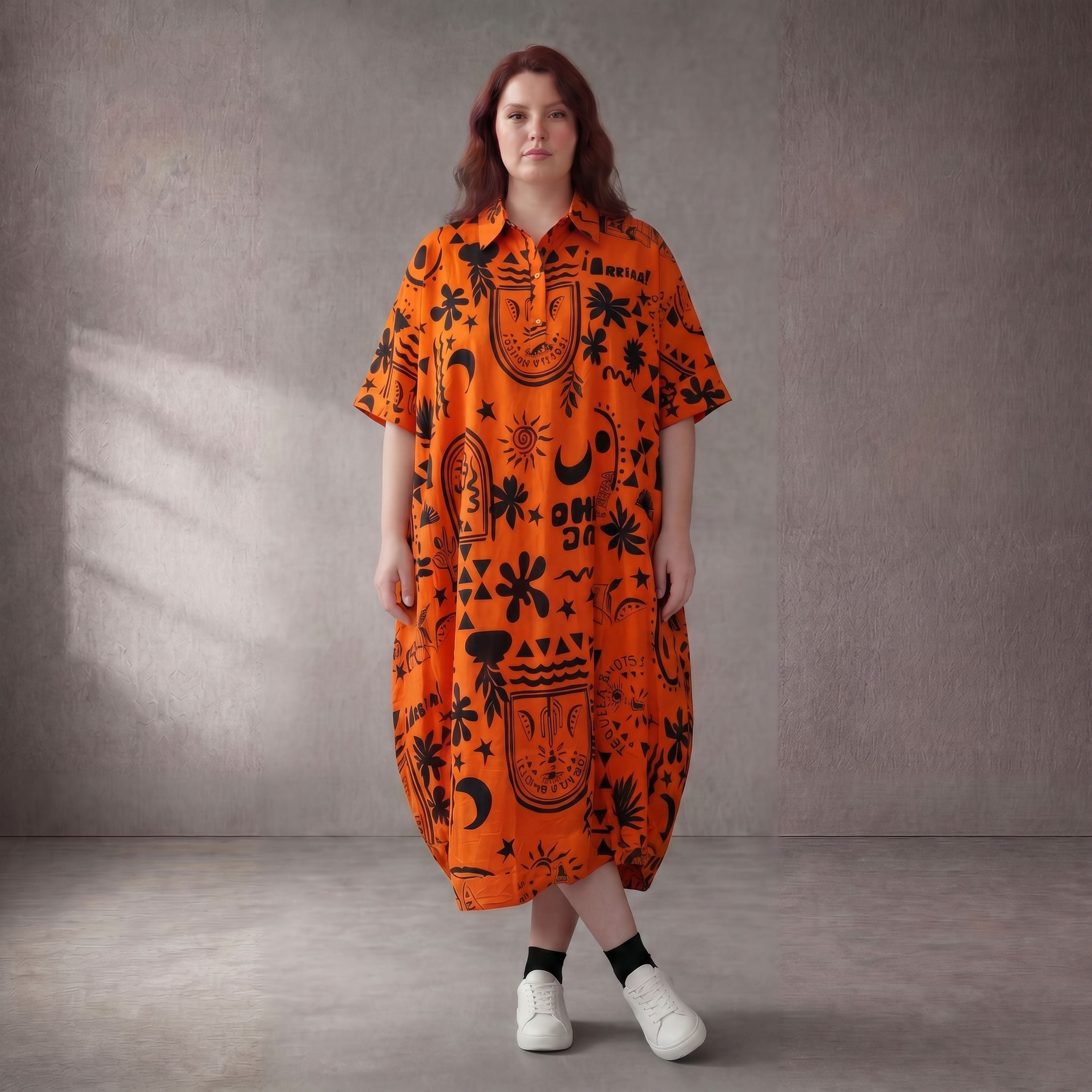 Ausgefallenes Oversize Lagenlook Ballonkleid Orange Schwarz Baumwolle leger zeitlos edel