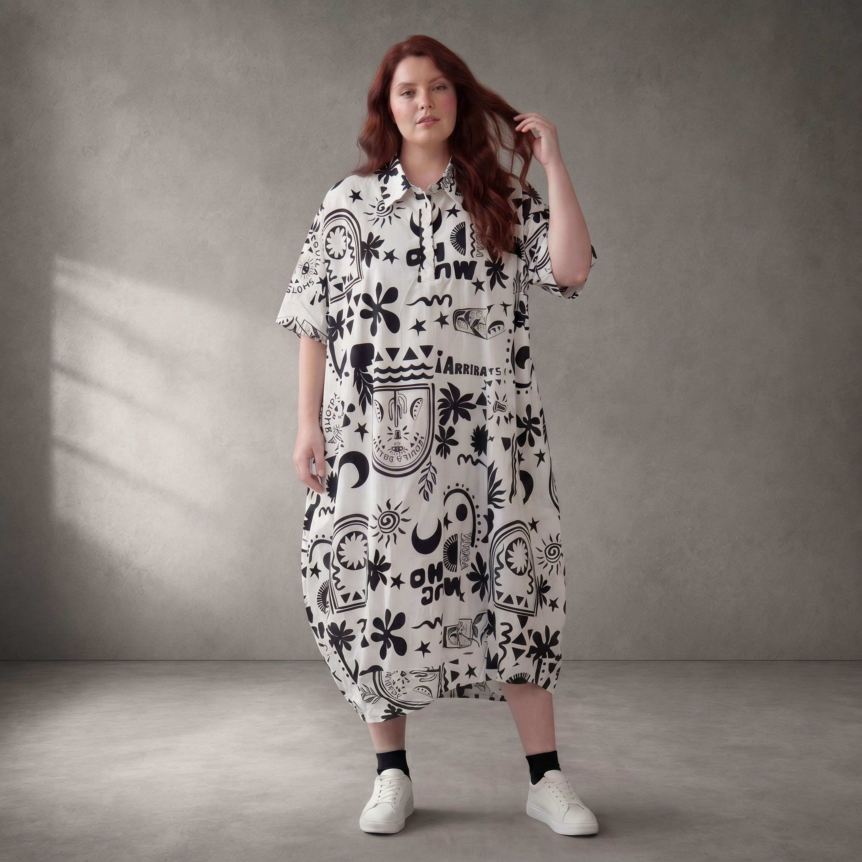 Leichtes Oversize Baumwollkleid Weiß Schwarz im Lagenlook mit Beachprint leger zeitlos