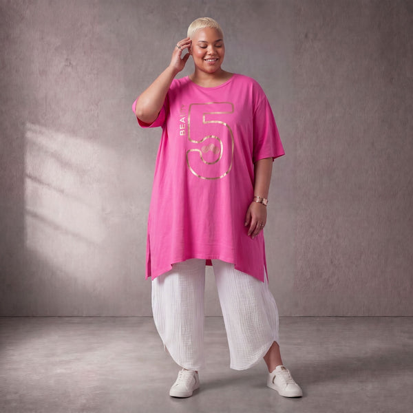 Damen Shirt Lagenlook Baumwolle Pink, A-Form, Kurzarm, Seitenschlitze, Oversize große Größen – Funky Diva