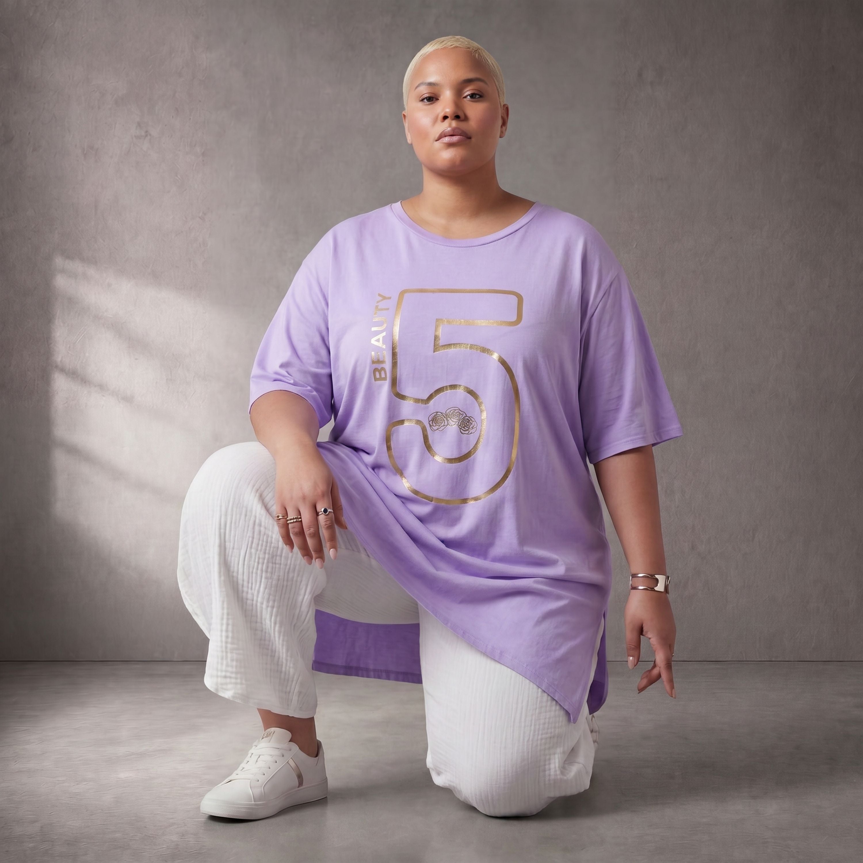 Damen Shirt Lagenlook Baumwolle Lila/Gold, A-Form, Kurzarm, Seitenschlitze, Oversize große Größen – Funky Diva