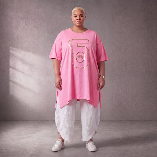 Damen Shirt Lagenlook Baumwolle Rosa/Gold, A-Form, Kurzarm, Seitenschlitze, Oversize große Größen – Funky Diva