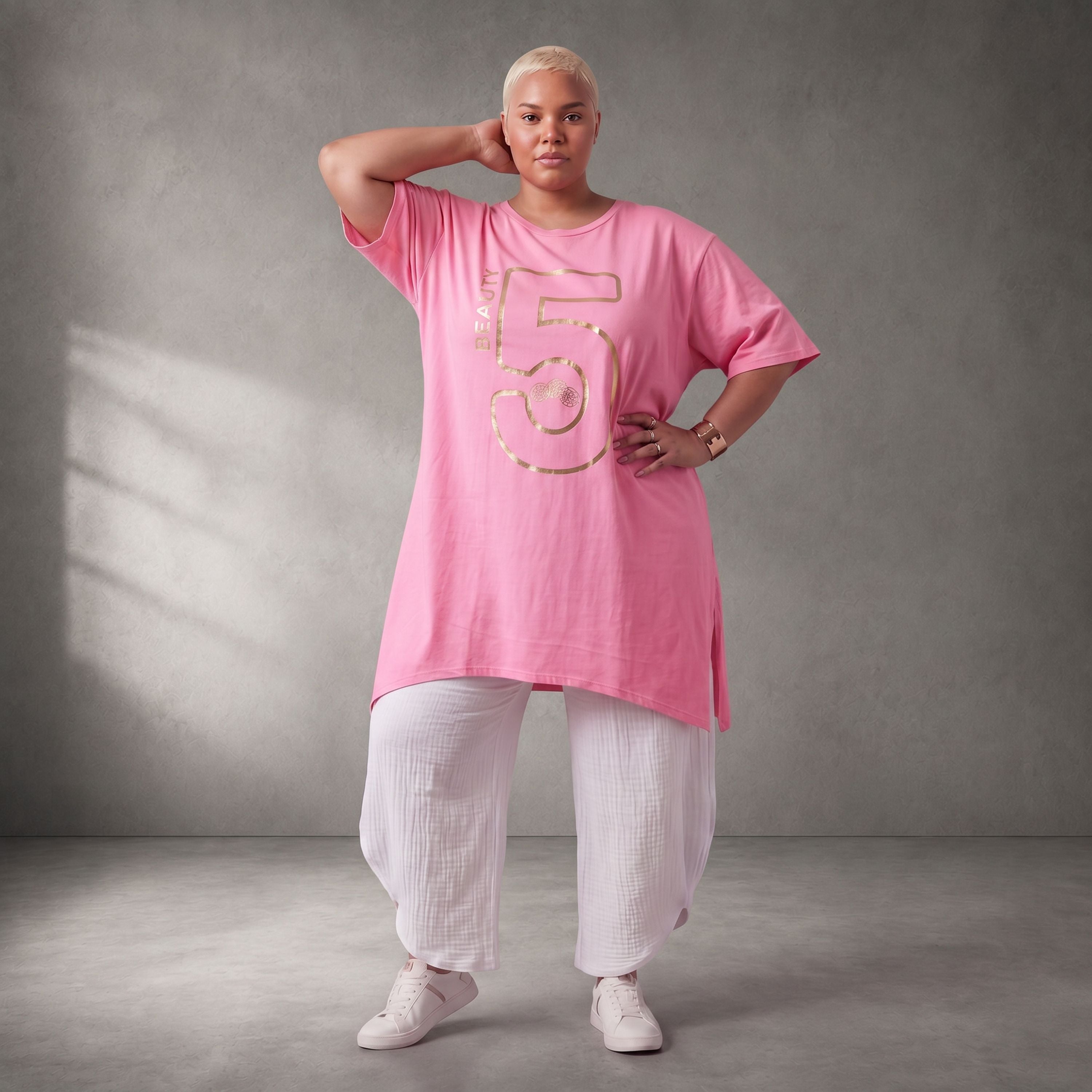 Damen Shirt Lagenlook Baumwolle Rosa/Gold, A-Form, Kurzarm, Seitenschlitze, Oversize große Größen – Funky Diva