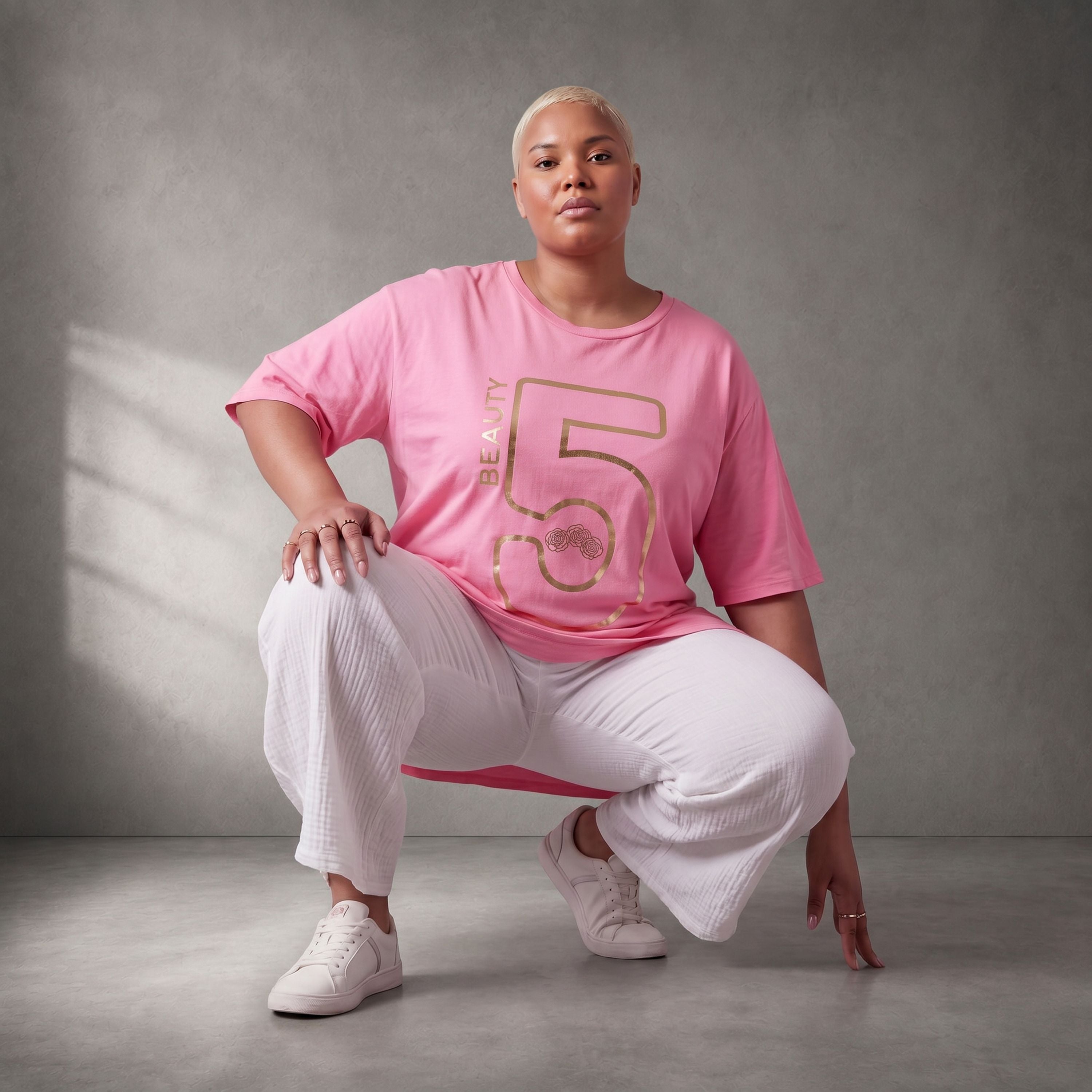 Damen Shirt Lagenlook Baumwolle Rosa/Gold, A-Form, Kurzarm, Seitenschlitze, Oversize große Größen – Funky Diva