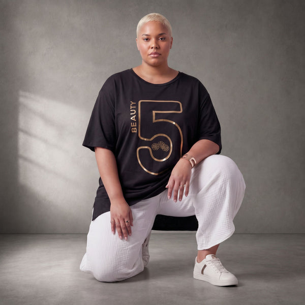Damen Shirt Lagenlook Baumwolle Schwarz/Gold, A-Form, Kurzarm, Seitenschlitze, Oversize große Größen – Funky Diva