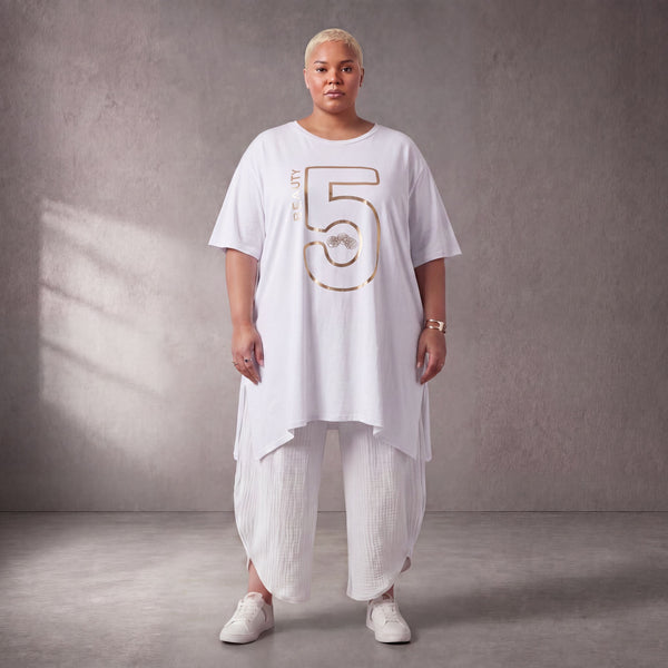 Damen Shirt Lagenlook Baumwolle Weiß, A-Form, Kurzarm, Seitenschlitze, Oversize große Größen – Funky Diva