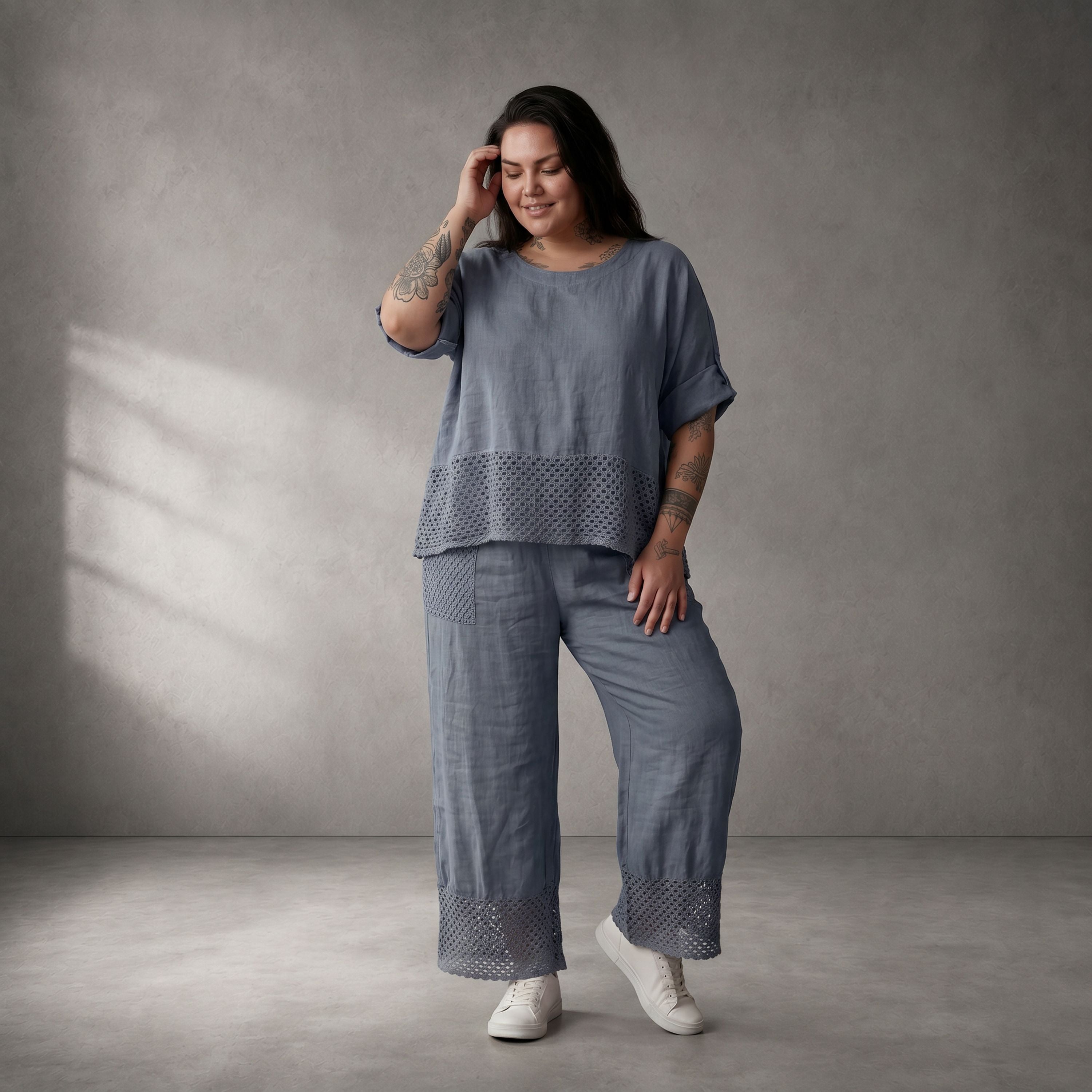 Leichtes Leinen Shirt in Blau fliessend Lagenlook Oversize locker zeitlos mit Taschen