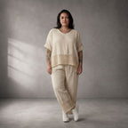 Zeitlose Creme Leinenhose im leger Lagenlook mit Strickdetails und Komfortbund Sommerfit