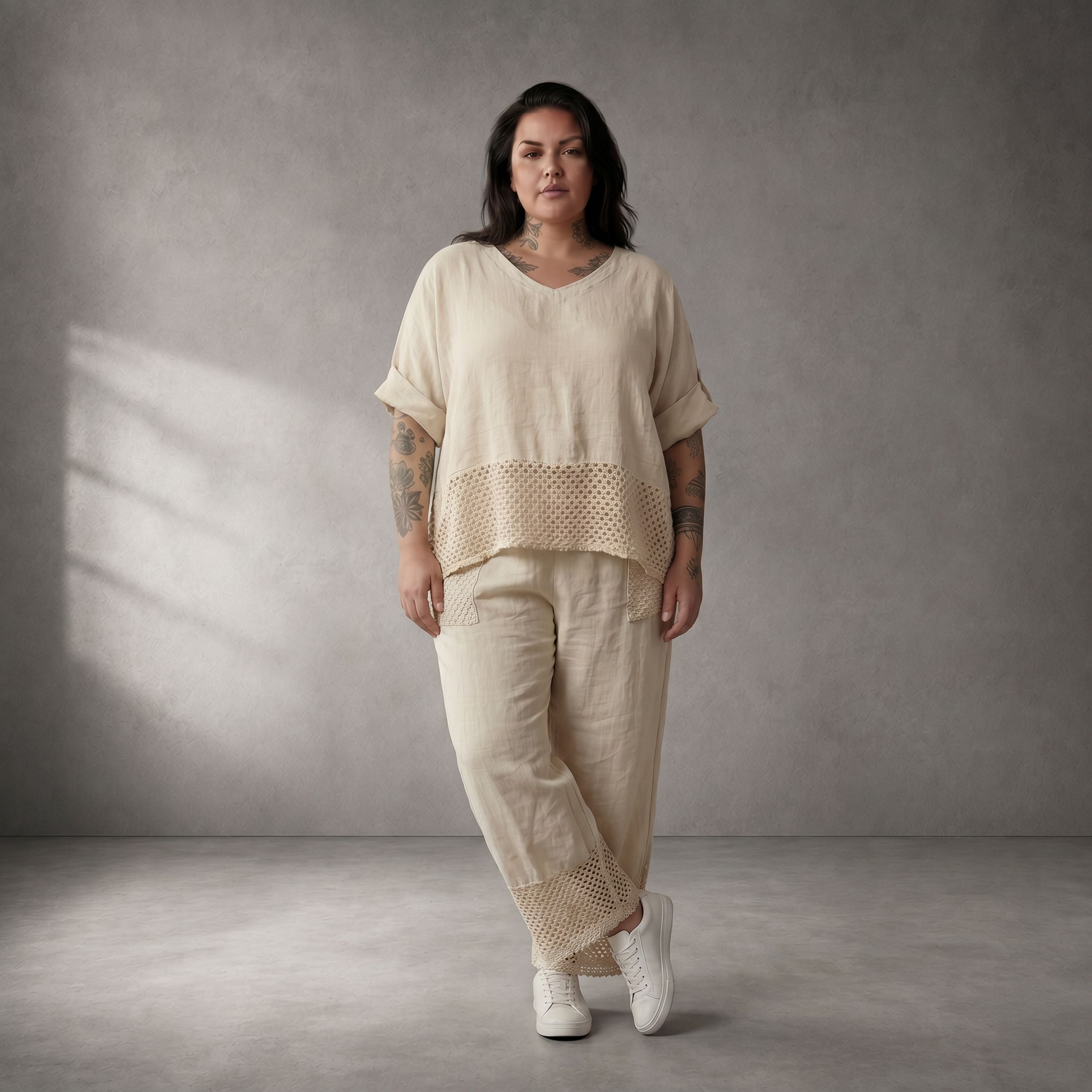 Zeitloses Creme Leinenhemd im Oversize Lagenlook leger ausgefallen mit weichen Taschen