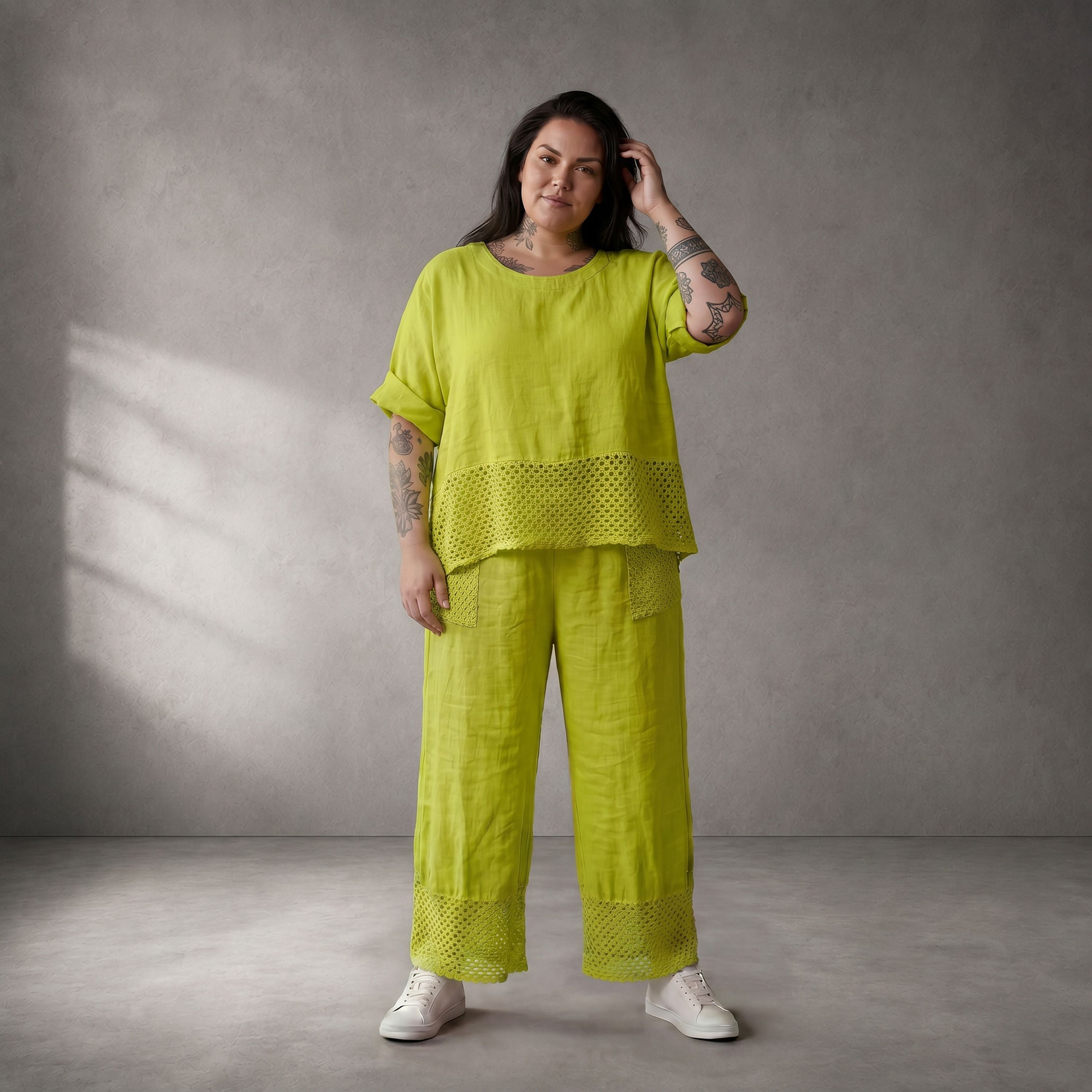 Limette Leinenhemd Oversize Lagenlook leger ausgefallen mit Taschen Detail fein zeitlos