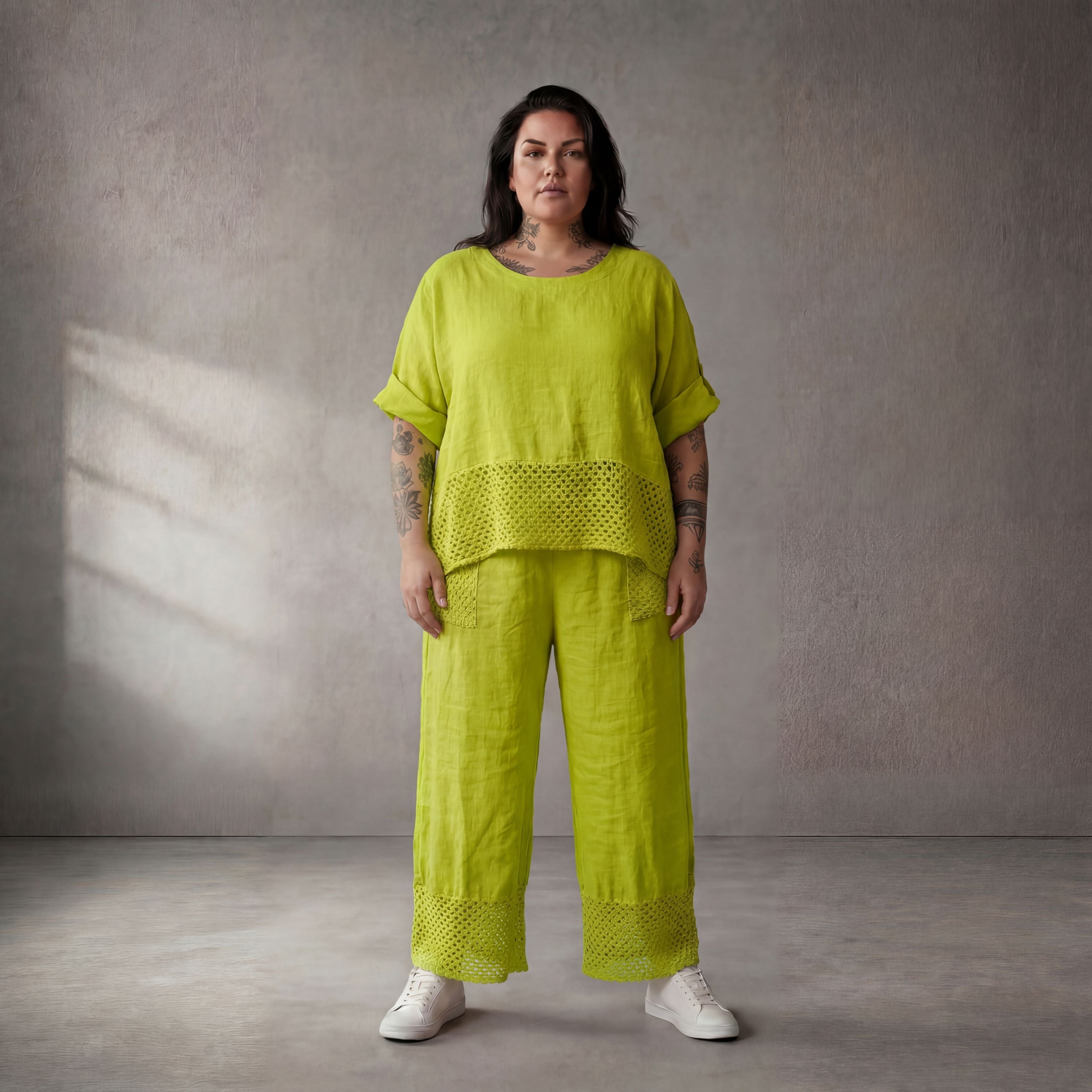 Limette Leinenhemd Oversize Lagenlook leger ausgefallen mit Taschen Detail fein zeitlos