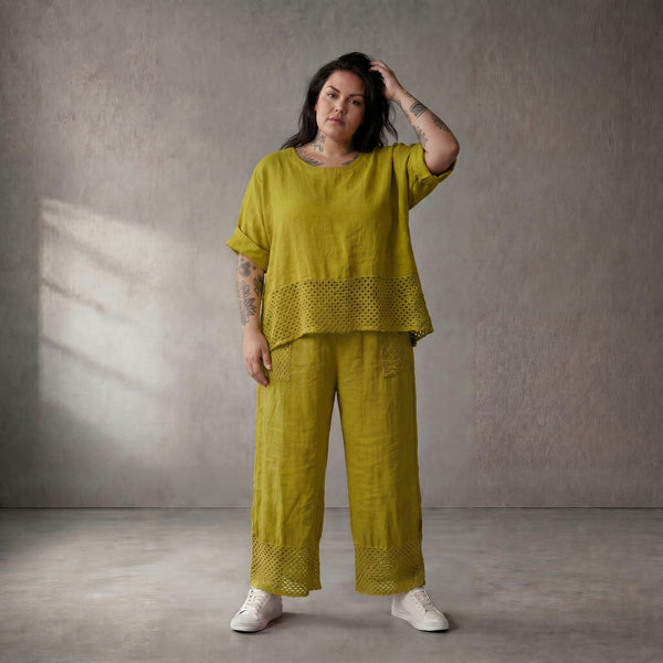 Legere Leinenhose Grün mit Strickdetails zeitloser Lagenlook Oversize Komfort luftig Bund