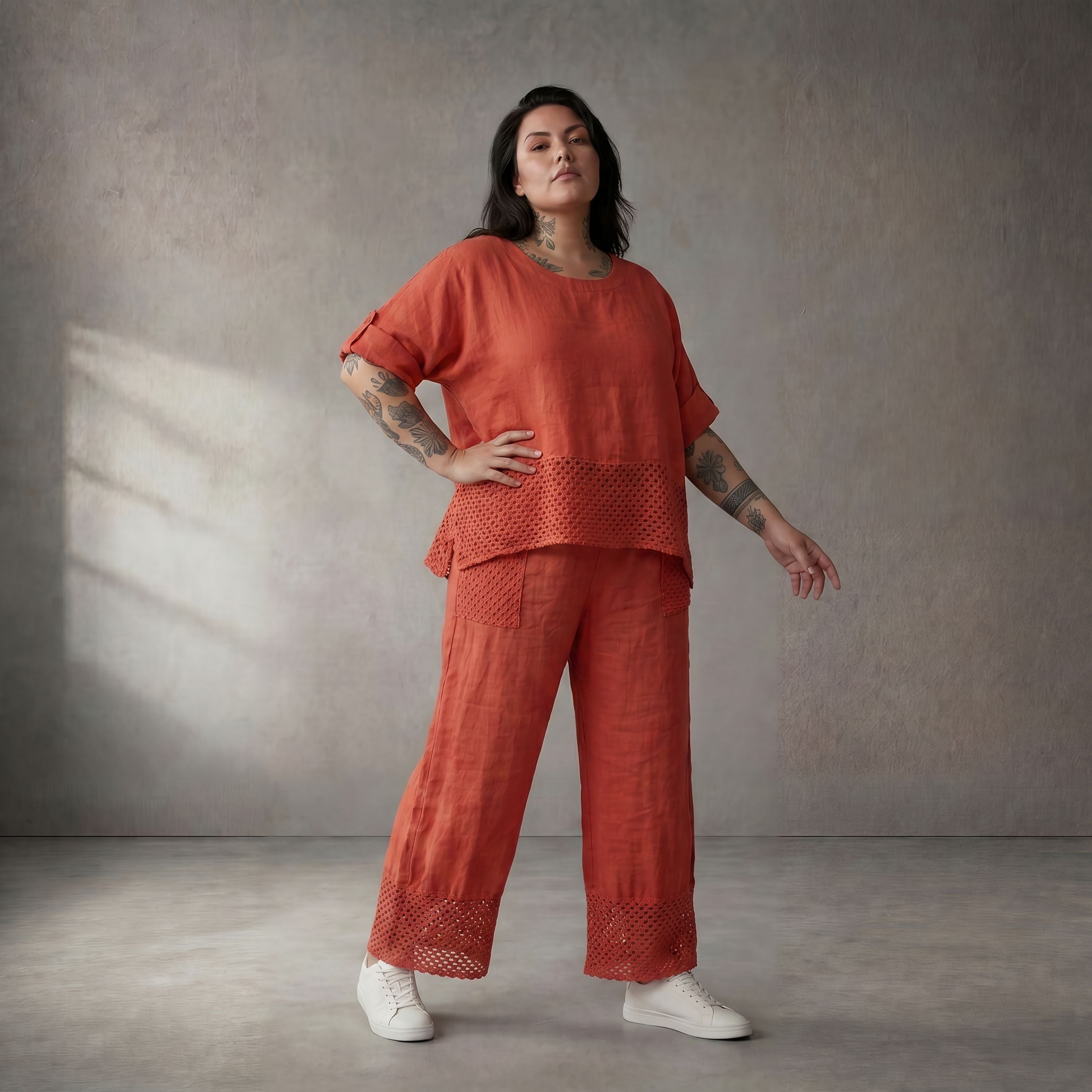 Leinenhose Orange leger Oversize Lagenlook mit Strickdetails zeitlos luftig Sommerstyle