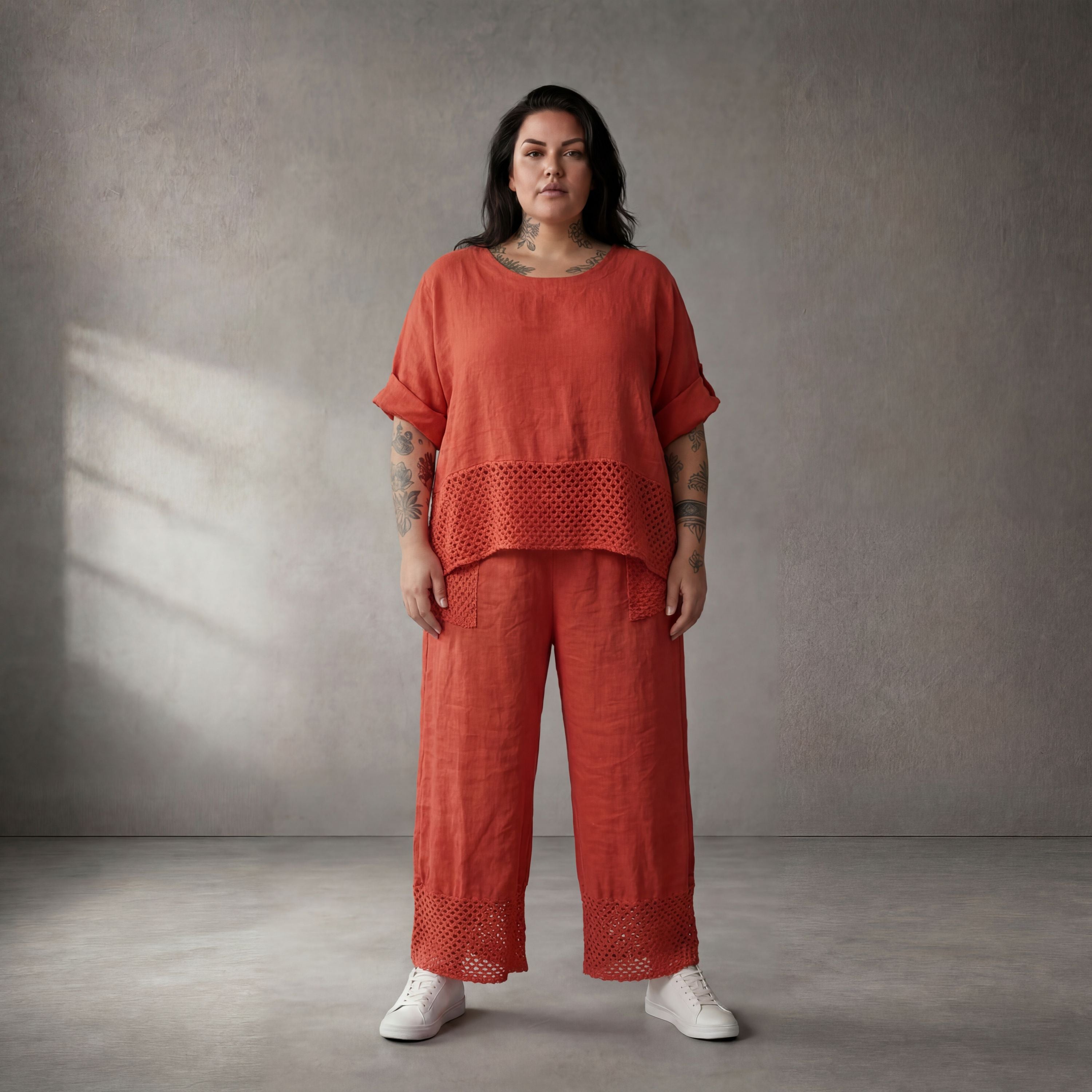 Leinenhose Orange leger Oversize Lagenlook mit Strickdetails zeitlos luftig Sommerstyle