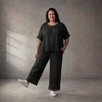 Oversize Leinen Shirt schwarz im Lagenlook mit grossen Taschen leger zeitlos chic luftig