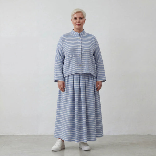 Kastige Oversize Jacke in moderner Lagenlook Leinen Optik mit Streifen und luftigem Crash, Blau/Weiß