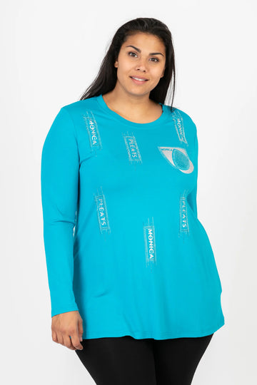  Elegantes Oversize-Shirt in Türkis-Silber für Plus Size mit Strass und Print-Applikation