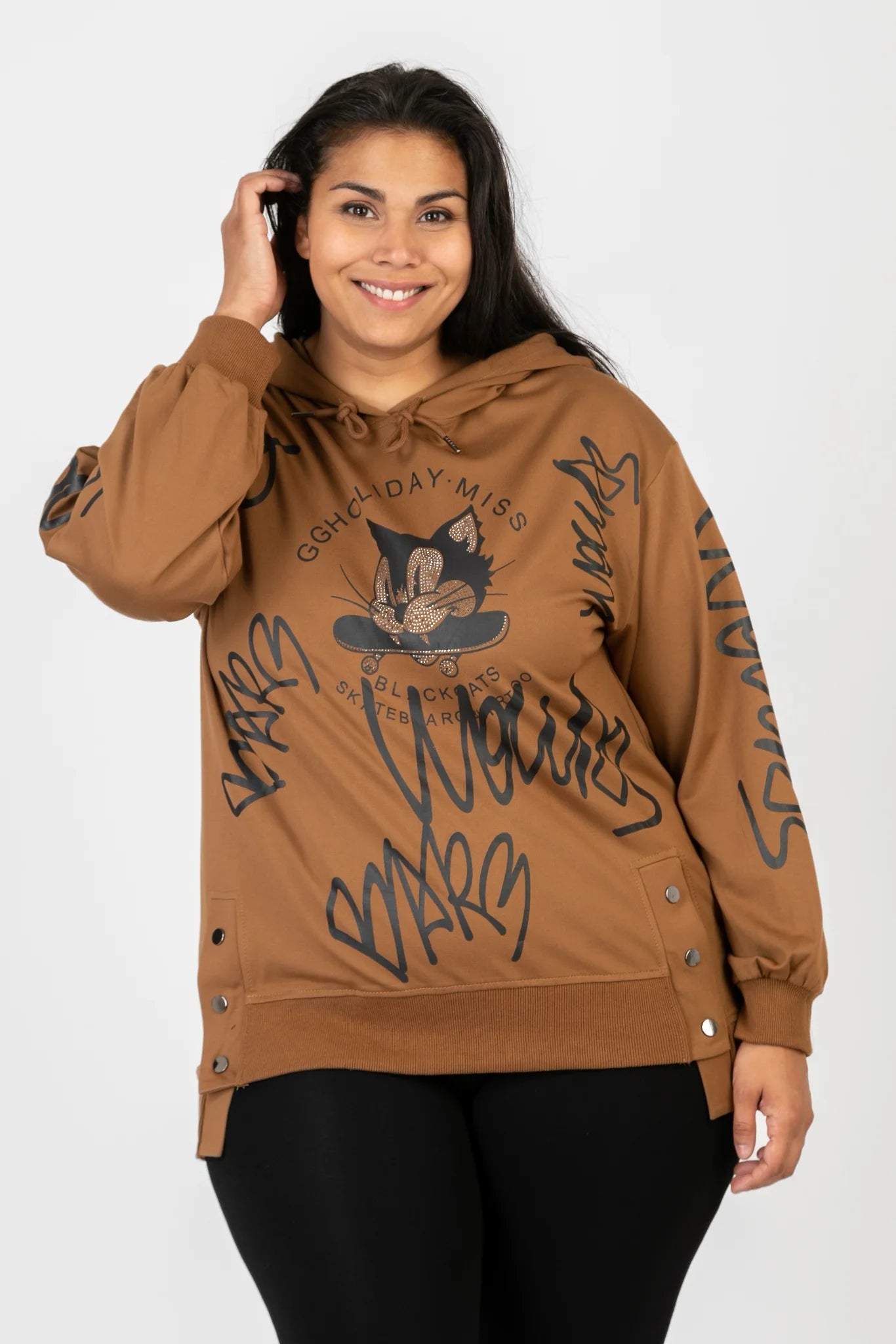  Modischer Hoody in Cognac-Schwarz mit Katzen-Gesicht-Druck und funkelnden Strass-Applikationen