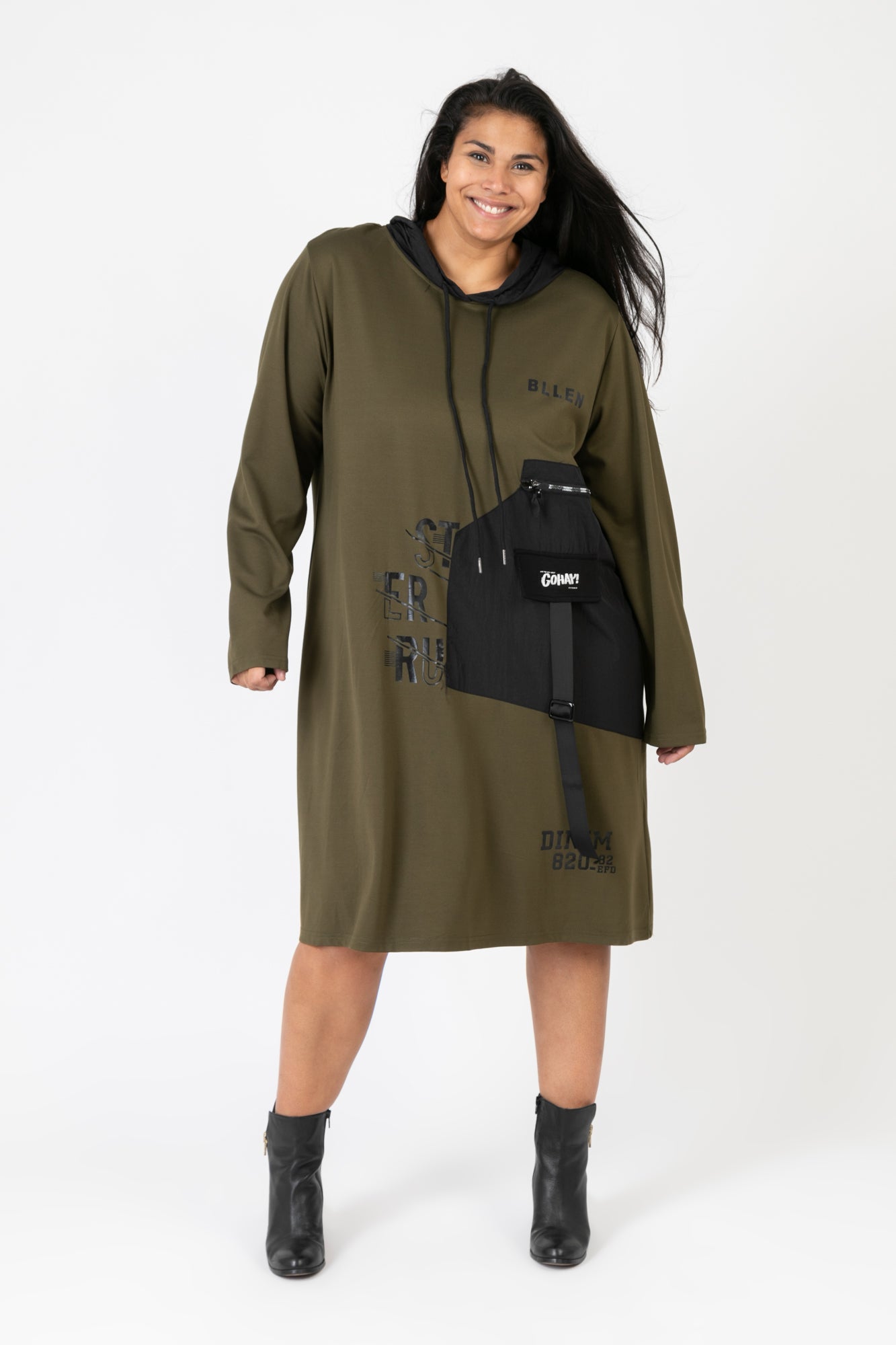  Pomme Rouge Kleid in gerader Form, aus Viskose, C6635, Khaki-Schwarz, Muster, Schick