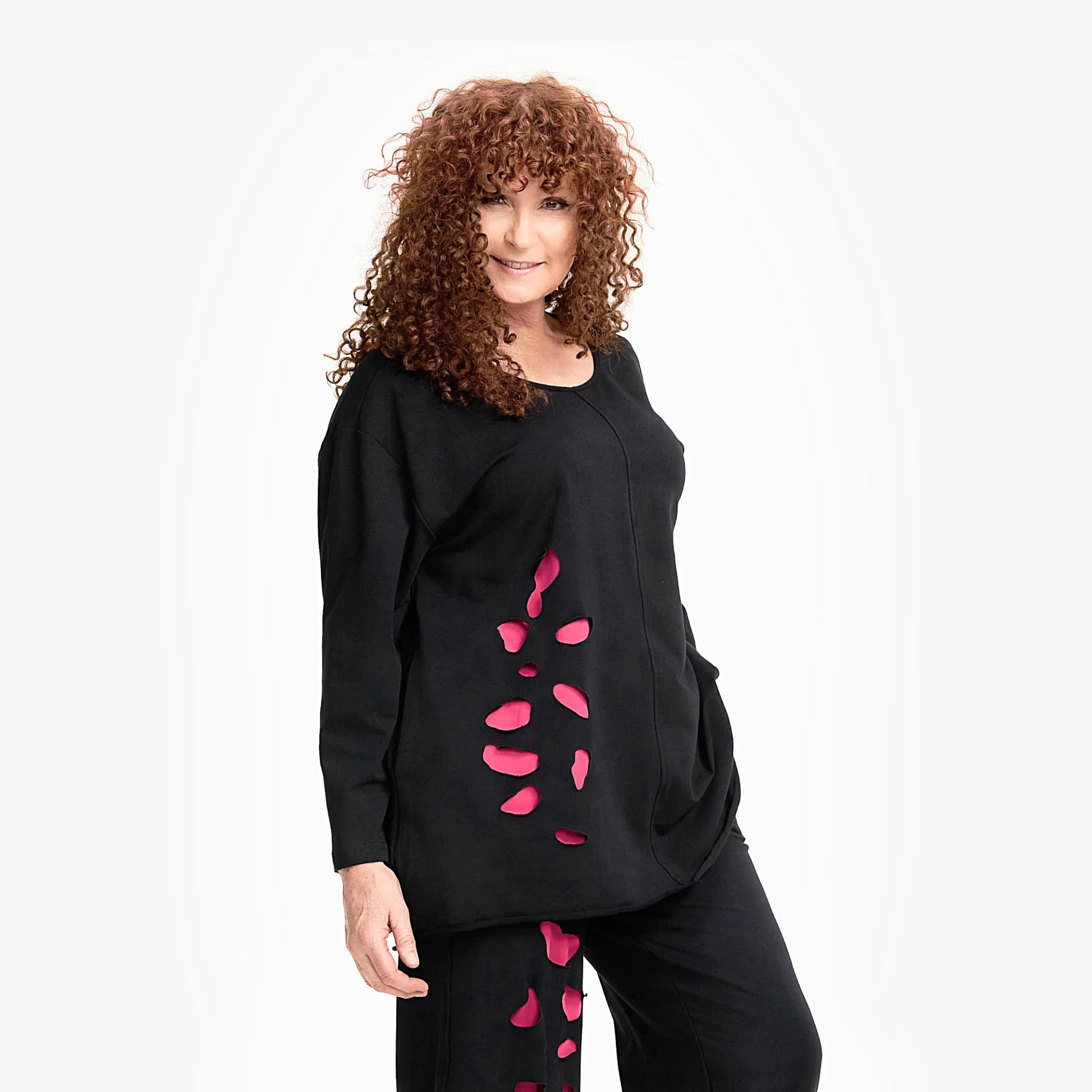  A-Form Shirt von Do Your Best aus Viskose, D719, Schwarz/Pink, Ausgefallen, Modern, Bequem