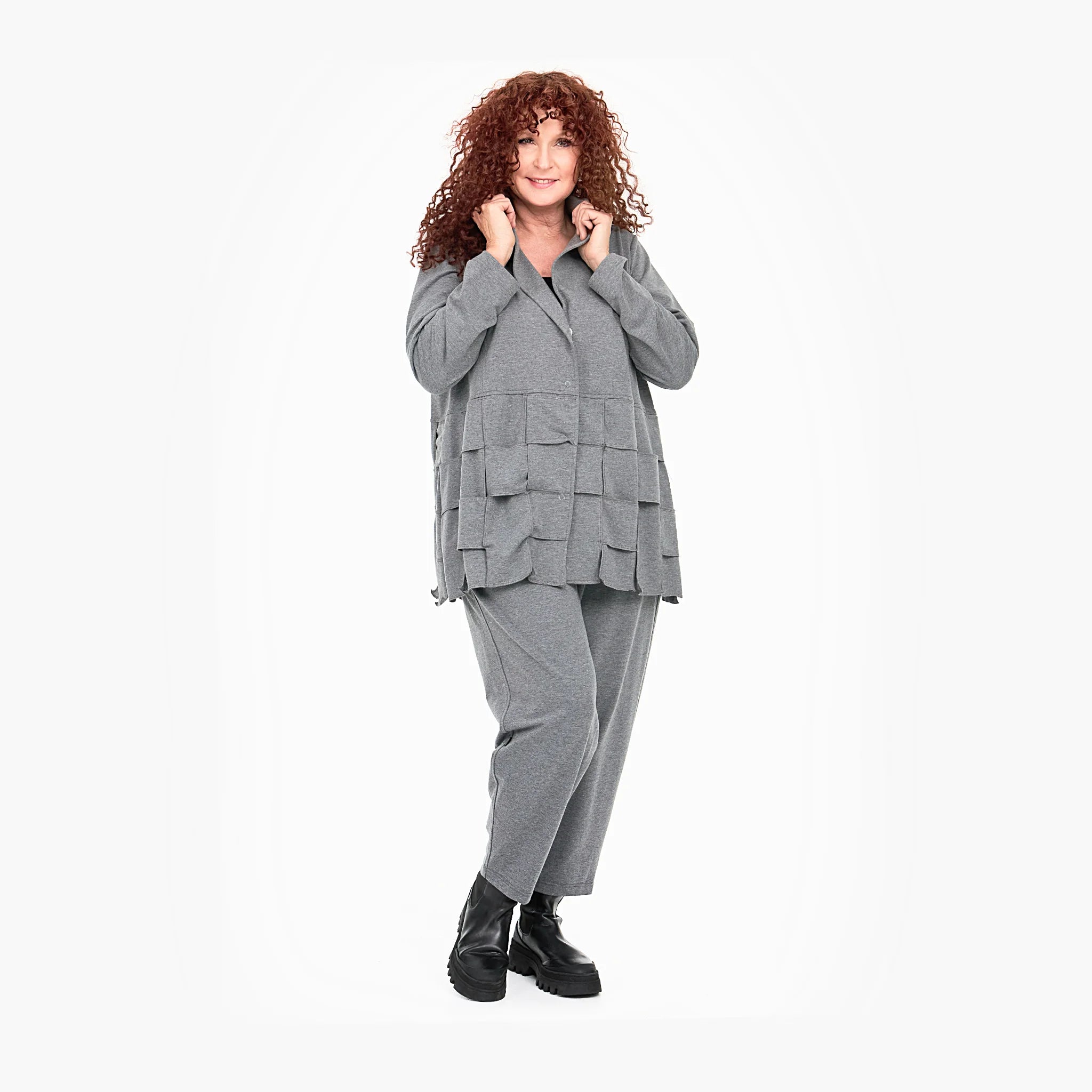  Elegante Oversize-Jacke mit V-Ausschnitt und Druckknöpfen im grauen Flechtmuster für Plus Size