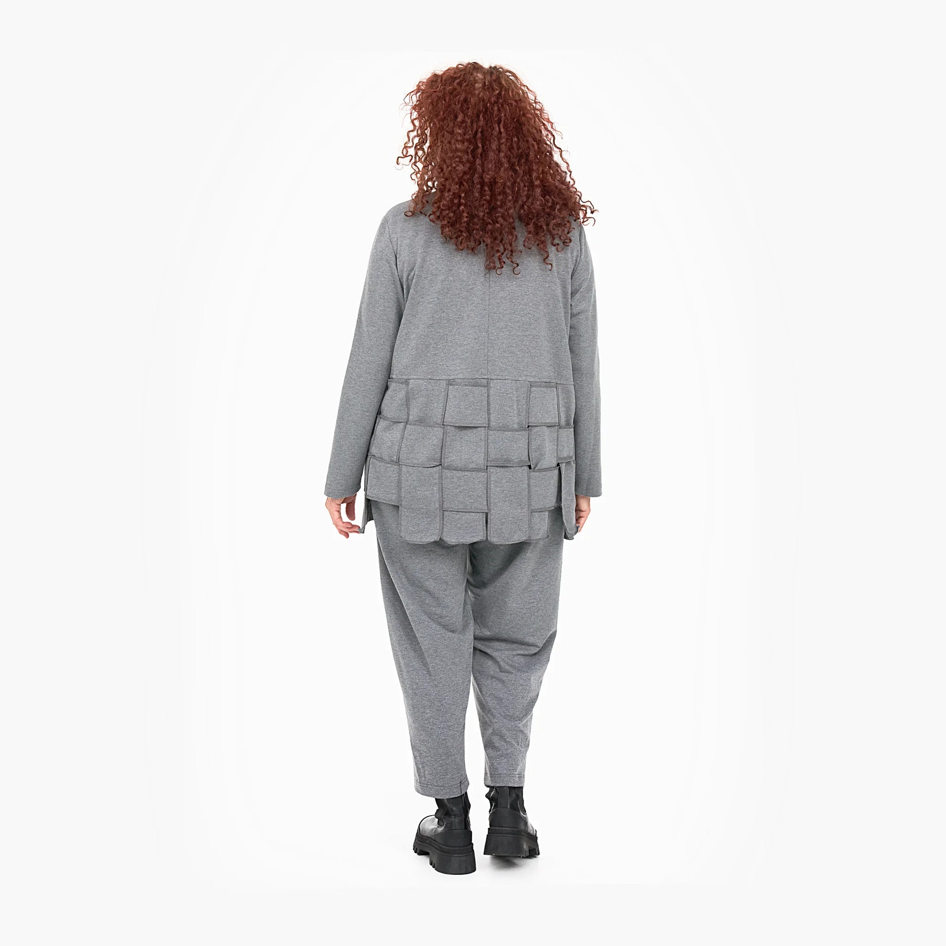  Elegante Oversize-Jacke mit V-Ausschnitt und Druckknöpfen im grauen Flechtmuster für Plus Size