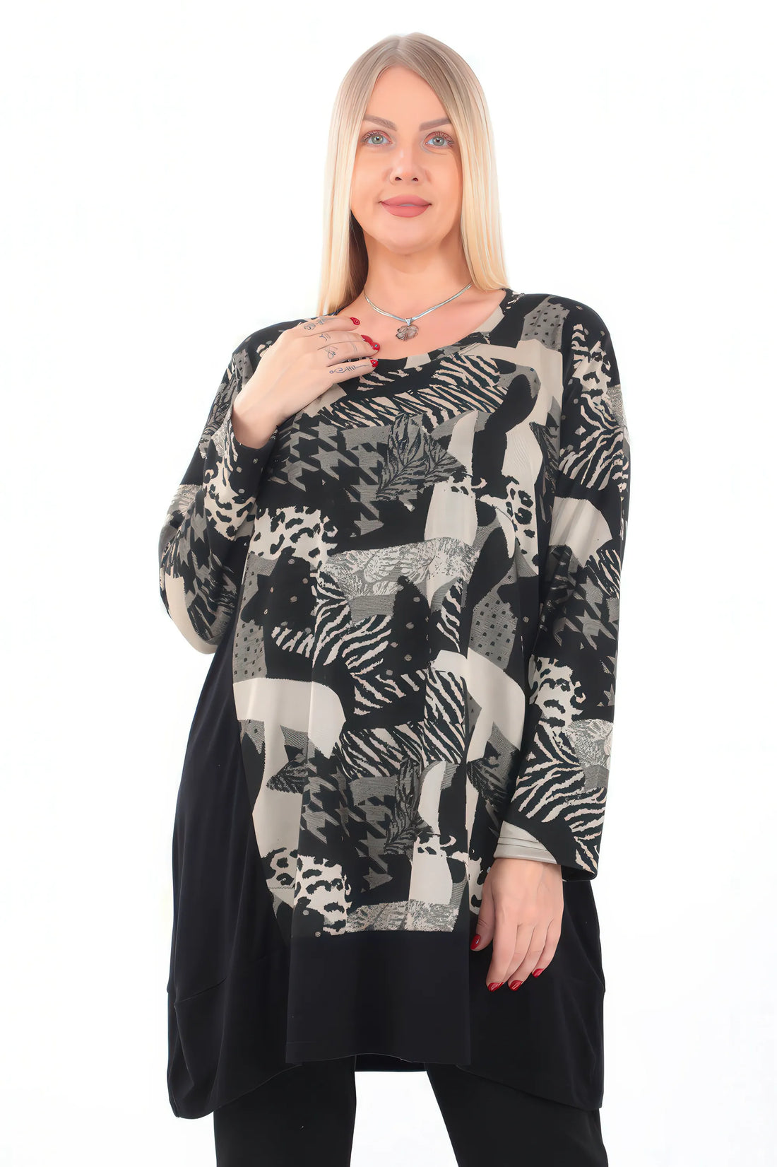  A-Form Shirt von Divas Planet aus Viskose, DP10132, Schwarz/Natur, Abstrakt, Schick