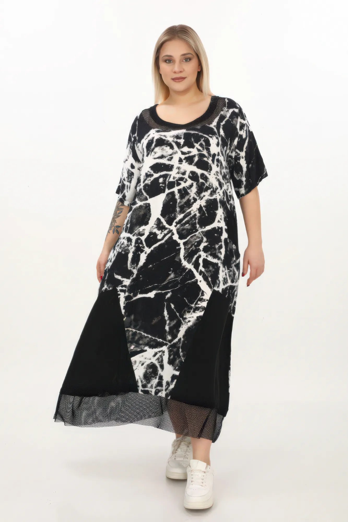  A-Form Kleid von Divas Planet aus Viskose, DP20077, Schwarz/Weiß, Abstrakt, Schick, Schick