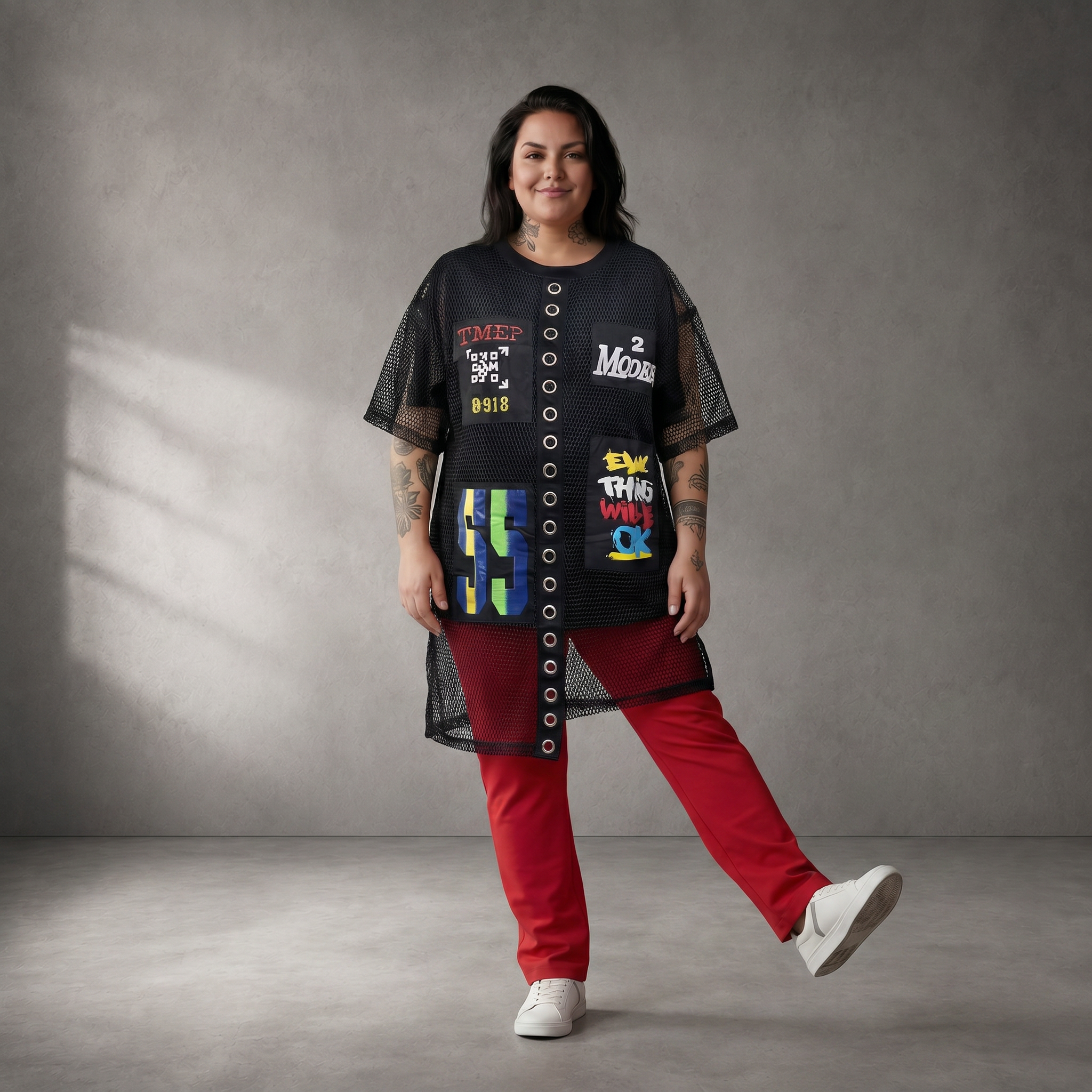 Netzshirt Schwarz im Lagenlook Oversize leger mit Oesenband Detail modisch sehr zeitlos