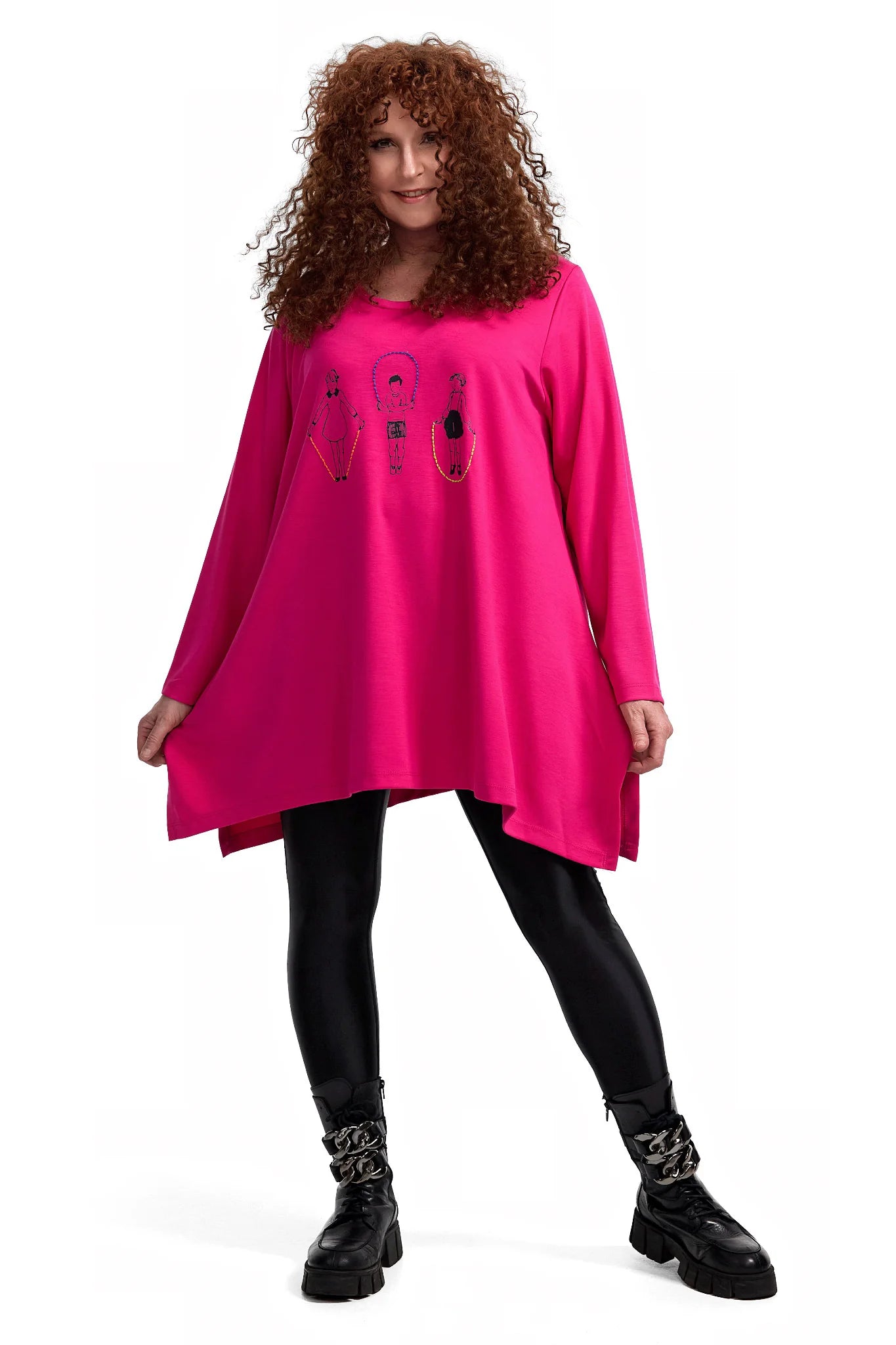  A-Form Shirt in auffälligem Pink mit langen Ärmeln und Rundhalsausschnitt für Plus Size Fashion