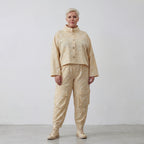 Luftige Oversize Jacke aus feiner Baumwoll Popeline im ausgefallenen Lagenlook mit Batikmuster, Vanille