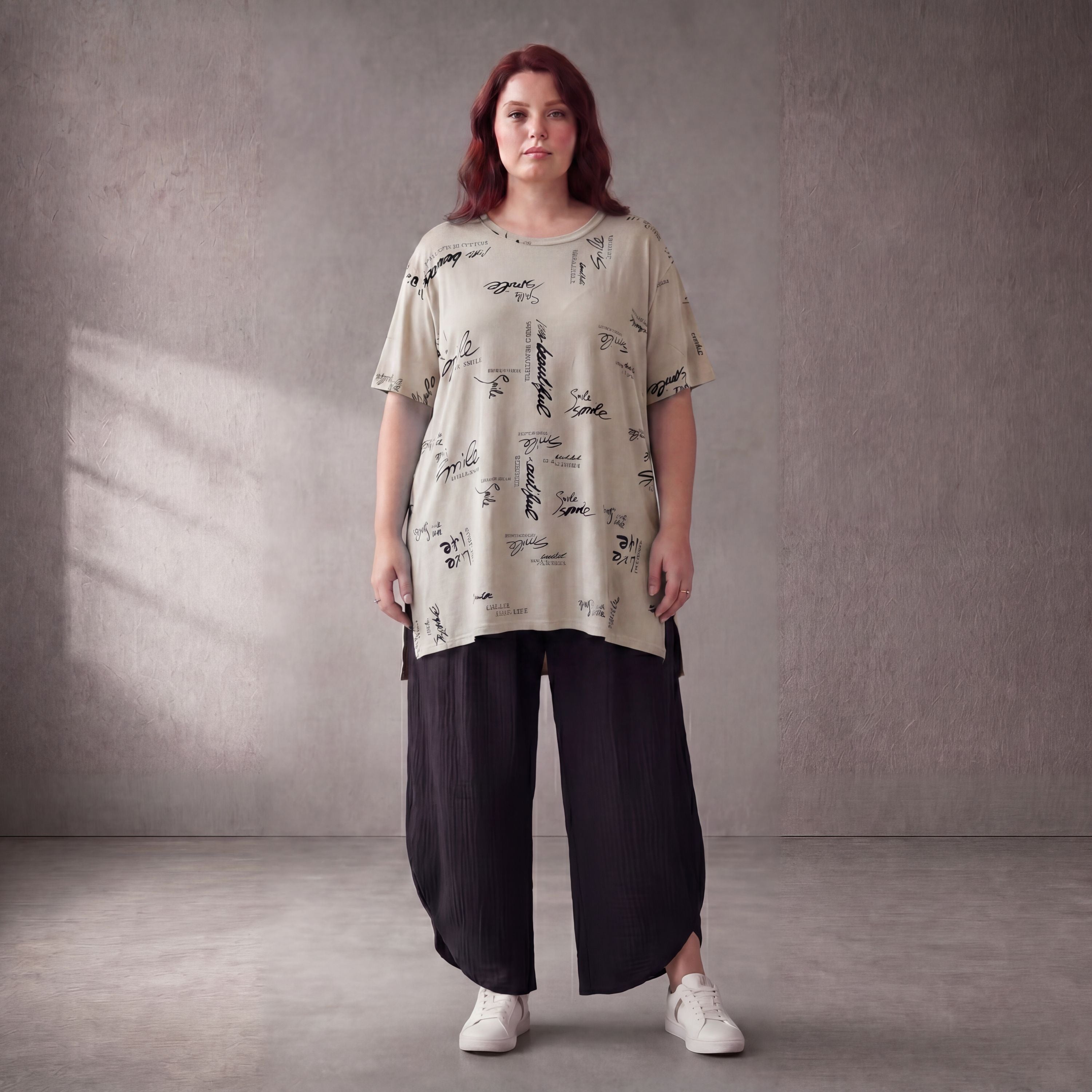 Damen Shirt Lagenlook Baumwolle Beige, A-Form, Kurzarm, Seitenschlitze, Oversize große Größen – Funky Diva