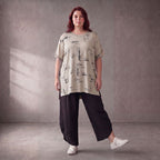 Damen Shirt Lagenlook Baumwolle Beige, A-Form, Kurzarm, Seitenschlitze, Oversize große Größen – Funky Diva