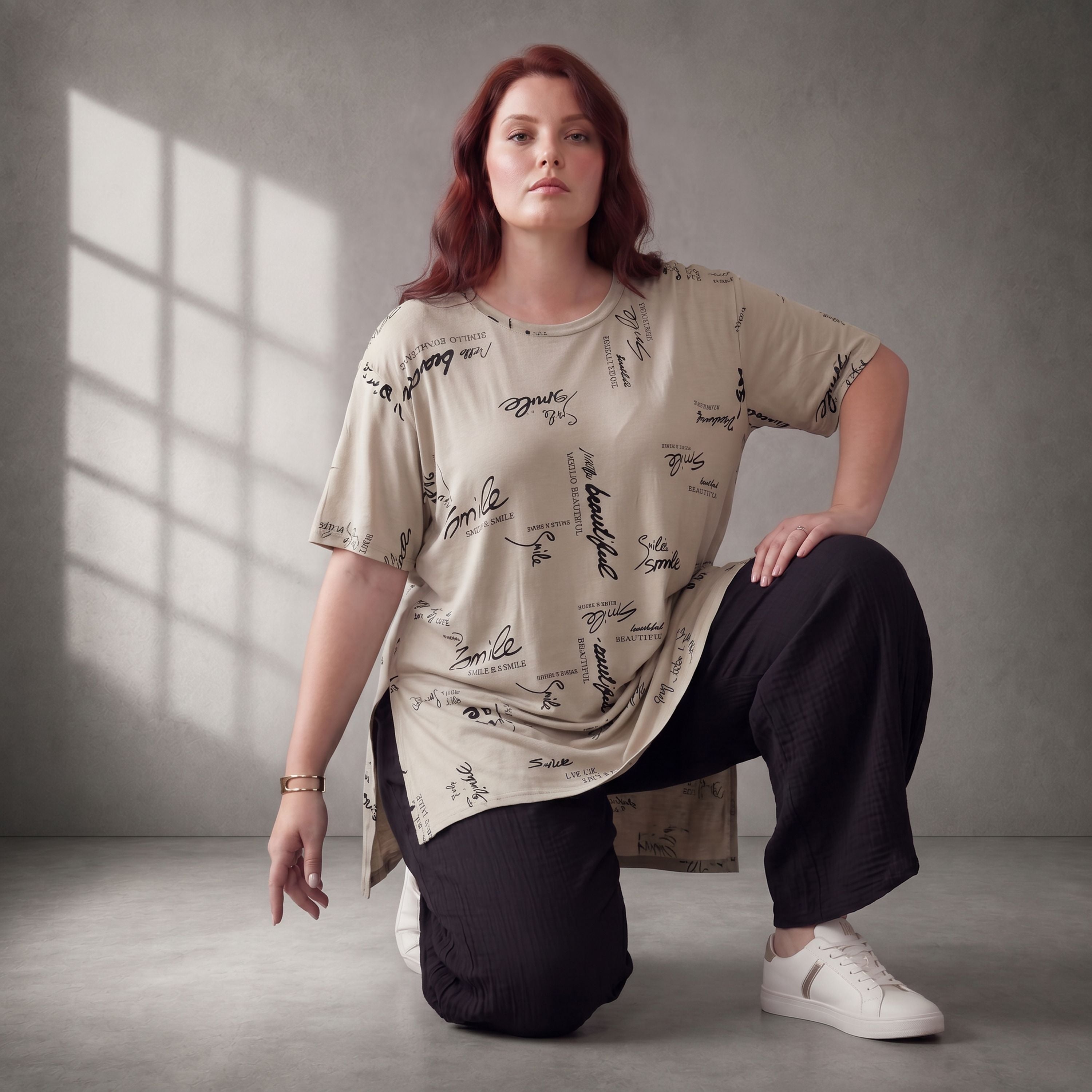 Damen Shirt Lagenlook Baumwolle Beige, A-Form, Kurzarm, Seitenschlitze, Oversize große Größen – Funky Diva