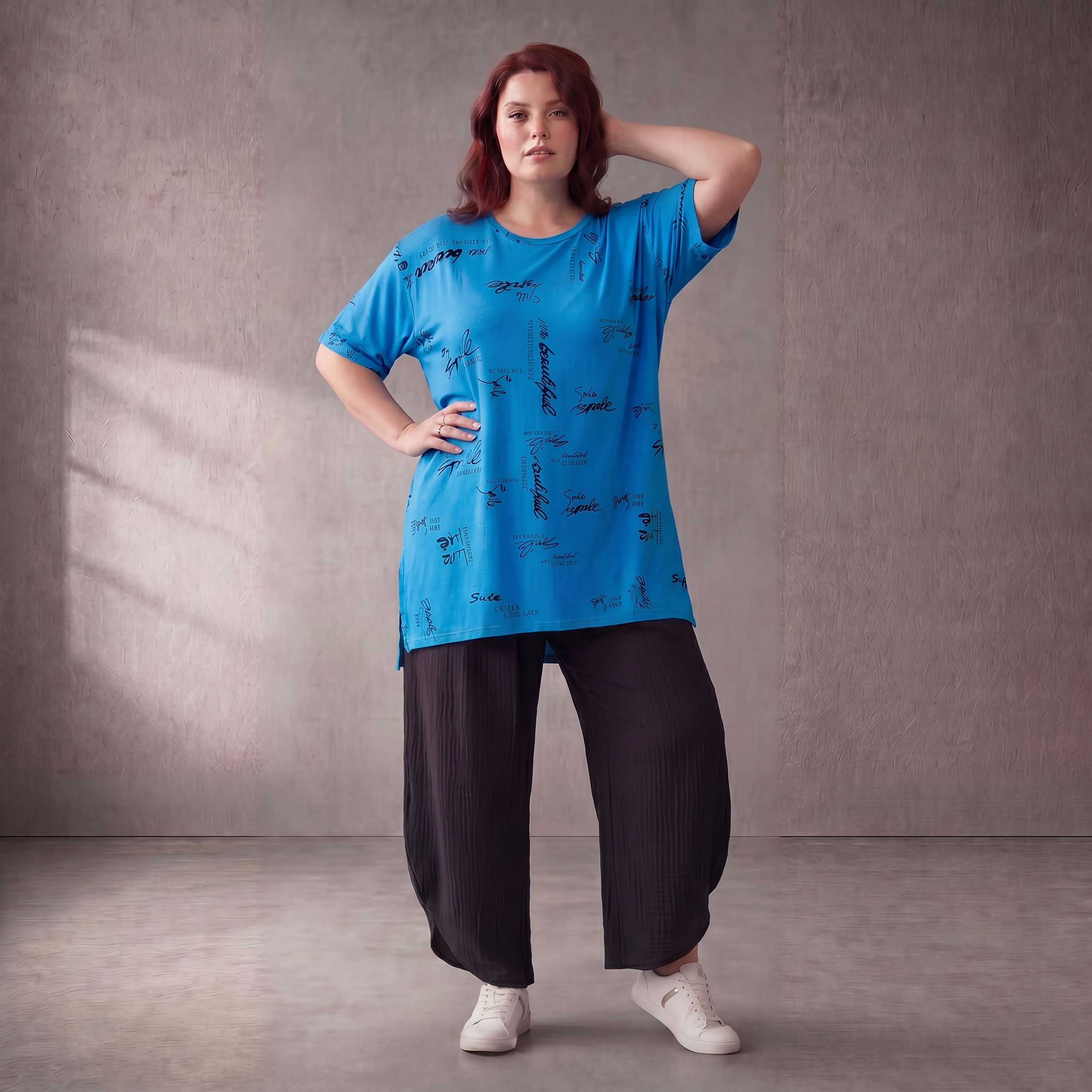 Damen Shirt Lagenlook Baumwolle Türkis/Schwarz, A-Form, Kurzarm, Seitenschlitze, Oversize große Größen – Funky Diva