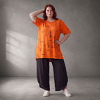 Damen Shirt Lagenlook Baumwolle Orange/Schwarz, A-Form, Kurzarm, Seitenschlitze, Oversize große Größen – Funky Diva