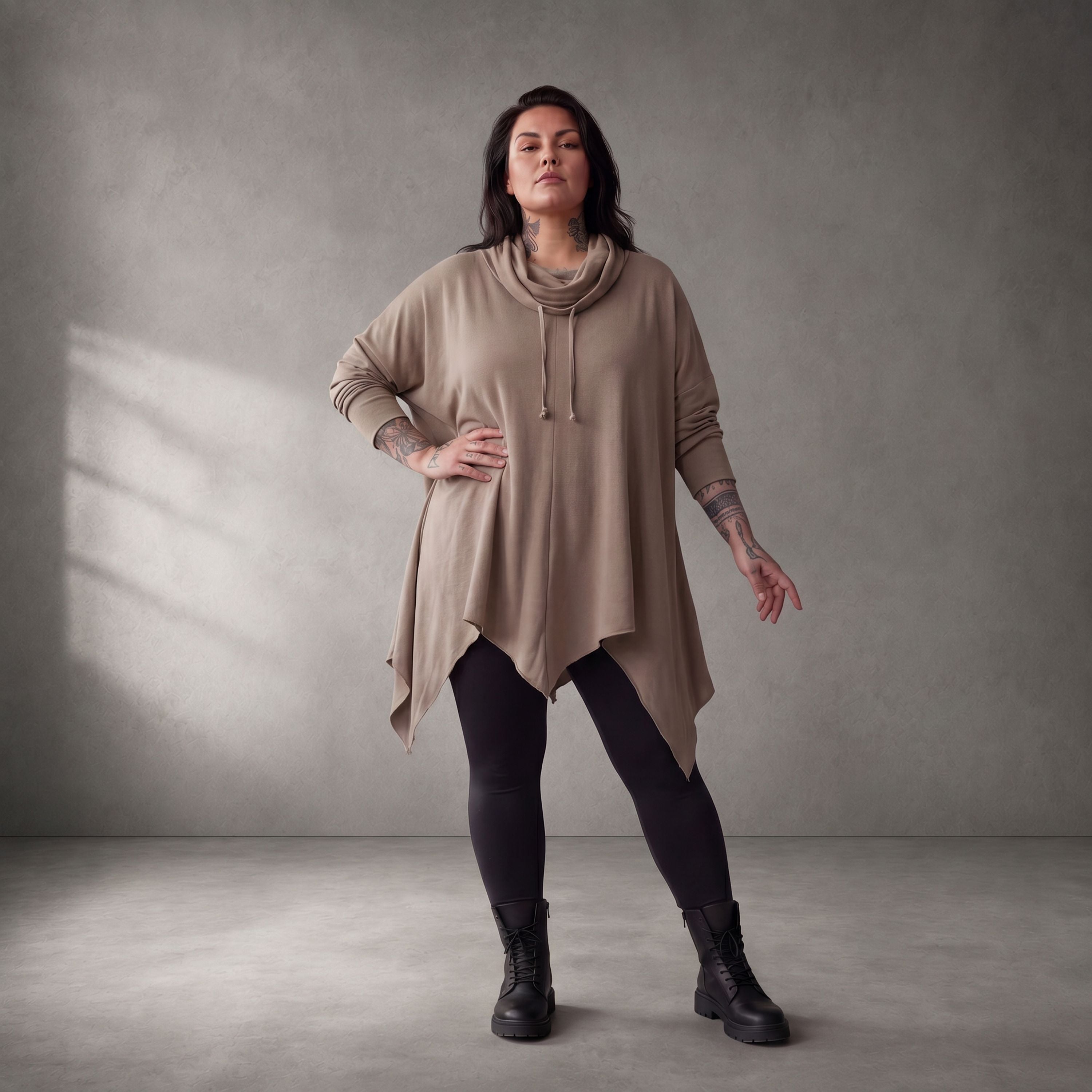 Damen Shirt Lagenlook Baumwolle Beige, A-Linie, Rollkragen, Oversize große Größen – Funky Diva
