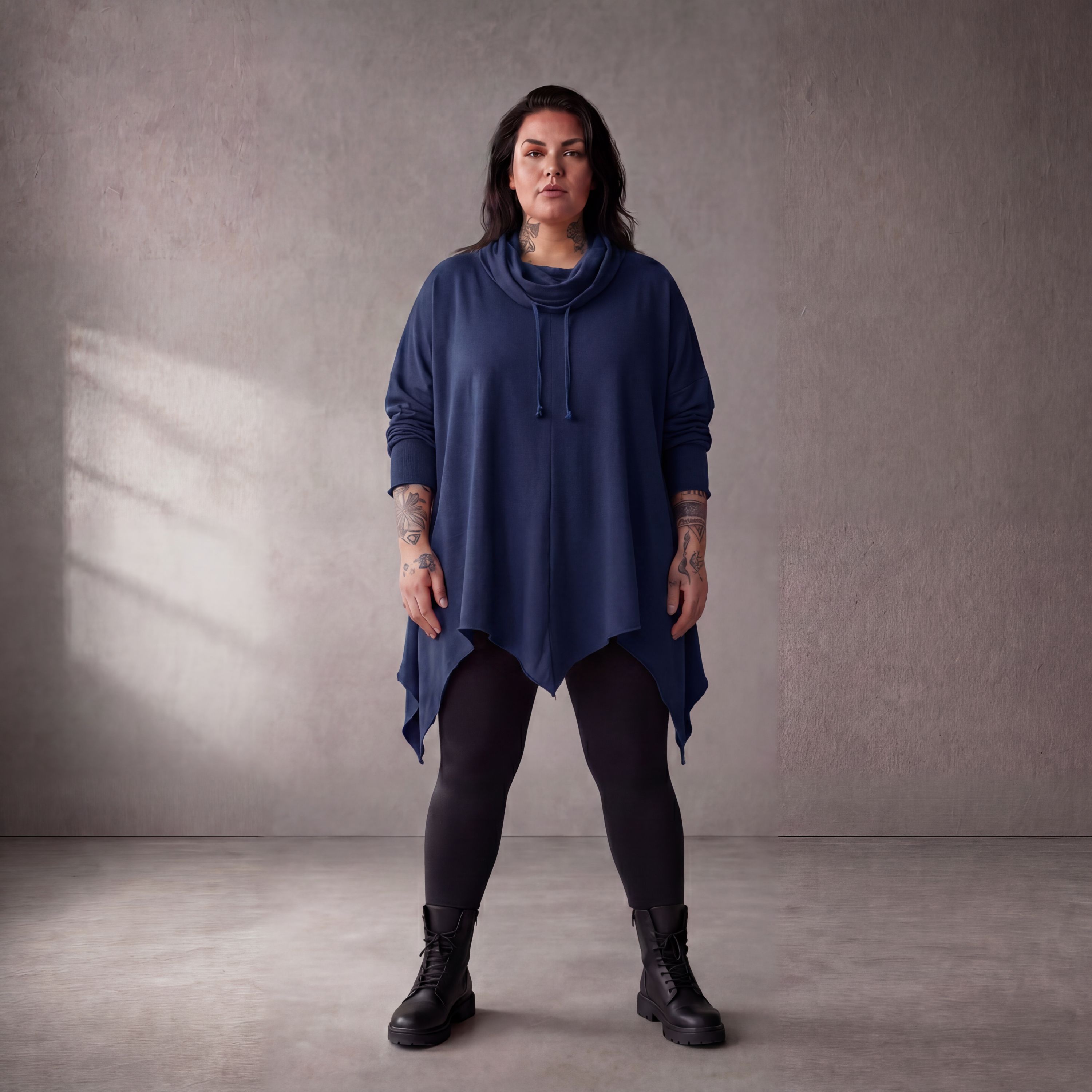 Damen Shirt Lagenlook Baumwolle Dunkelblau, Rollkragen, Oversize große Größen – Funky Diva